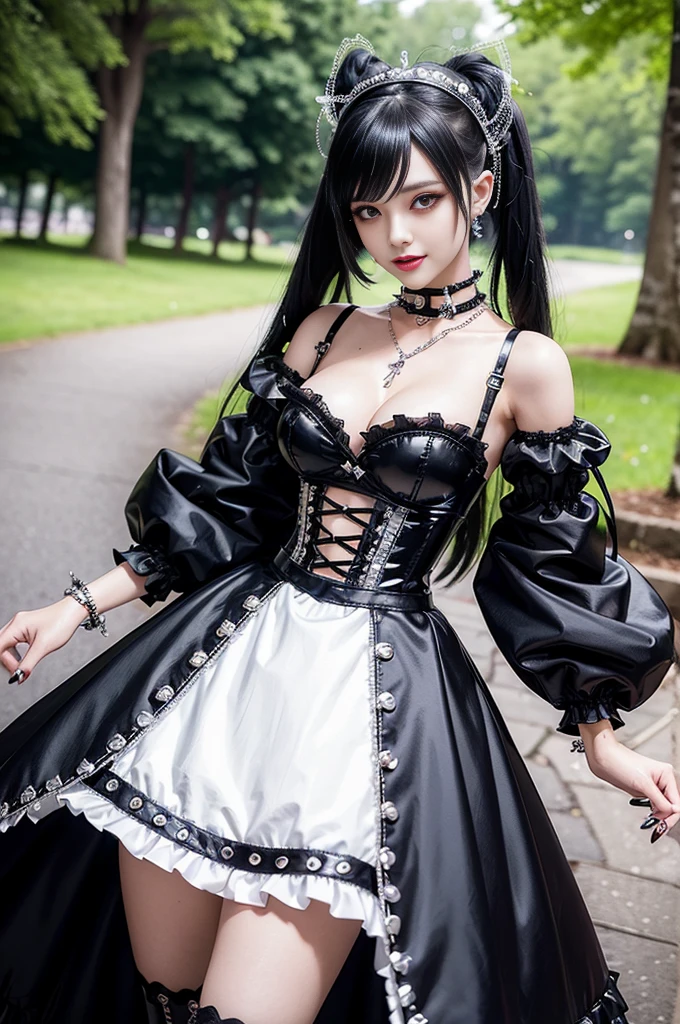 sexy stylish female model, only 1 female, ((doll-like appearance)), long stylish hair, ((shiny Punk-Style boots)), (beautiful smile), ultra detailed eyes, Punk makeup, lipgloss, ((sexy Punk ta cosplay)), unconventional skirt, petticoats, high neckline, ((ultra detailed lace)), ((ultra detailed embroidery)), intricate details, tartan patterns, safety pins, Punk Loliccessoires, short black gloves, Punk Lolita cr, ((large sparkling Punk Lolita jewel, cinematic light, detailed large park background with trees