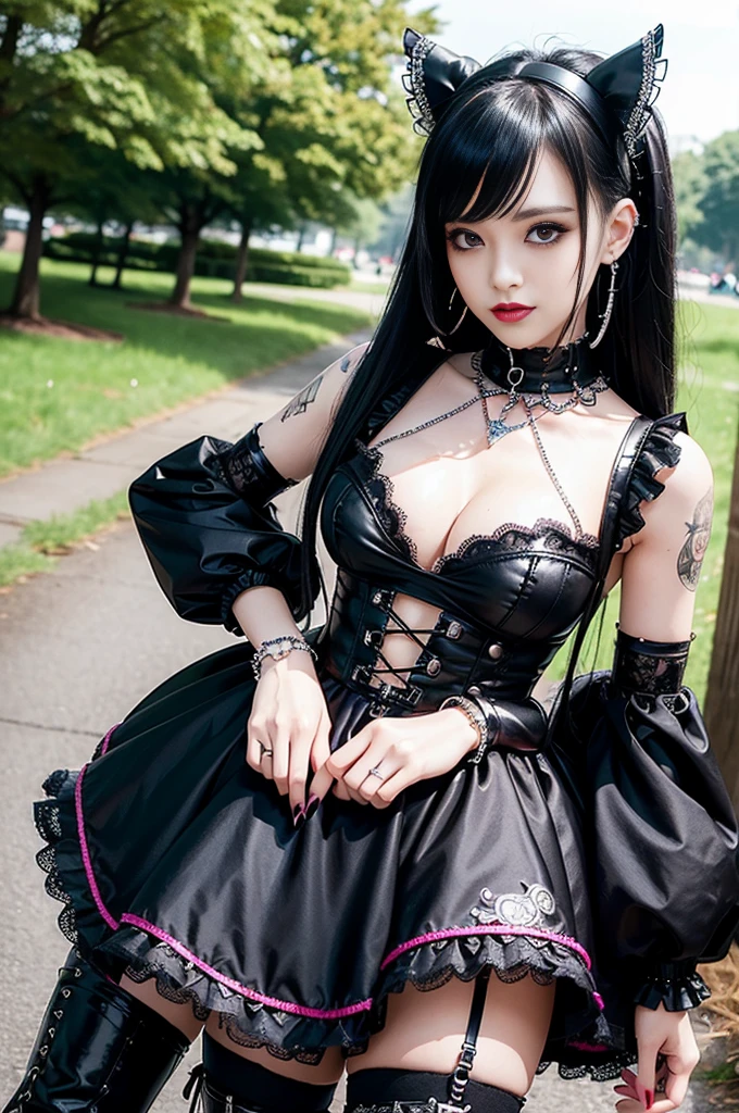 sexy stylish female model, only 1 female, ((doll-like appearance)), long dramatic stylish hair, ((shiny Punk-Style boots)), (big smile), ultra detailed eyes, Punk makeup, lipgloss, ((sexy Punk ta cosplay)), unconventional skirt, petticoats, high neckline, ((ultra detailed lace)), ((ultra detailed embroidery)), intricate details, tartan patterns, silver chains, silver spikes, safety pins, Punk Loliccessoires, Punk Lolita cr, ((large sparkling Punk Lolita jewel, cinematic light, detailed large park background with trees