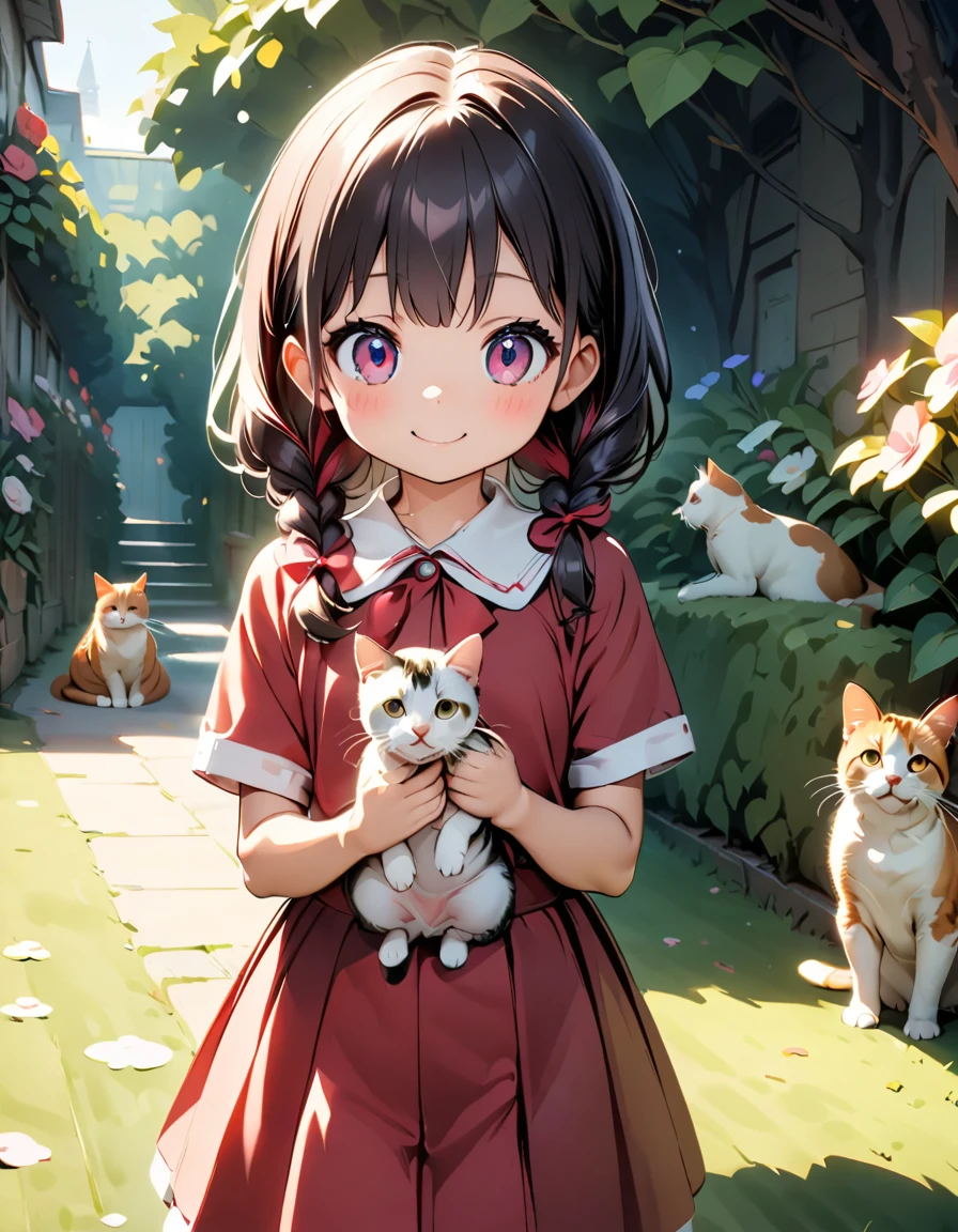 female\(small kid,cute,kawaii,age of 10,2pigtails hair,curly hair,hair color cosmic,big eyes,eye color cosmic,cute dress,[cat ear:2.0],smile,dynamic pose\), BREAK ,background\(inside,messy room,cute room,many kitten\), BREAK ,quality\(8k,wallpaper of extremely detailed CG unit, ​masterpiece,hight resolution,top-quality,top-quality real texture skin,hyper realisitic,increase the resolution,RAW photos,best qualtiy,highly detailed,the wallpaper,cinematic lighting,ray trace,golden ratio\),(close up kitten:1.6),from below