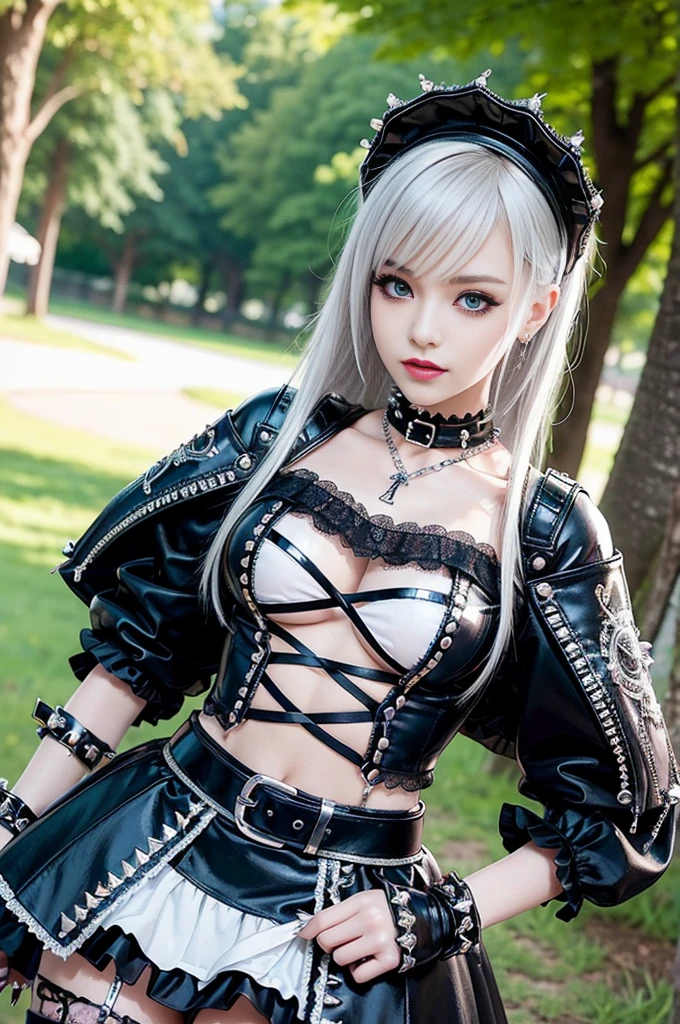sexy stylish female model, only 1 female, ((doll-like appearance)), long dramatic stylish hair, ((shiny Punk-Style boots)), (big smile), ultra detailed eyes, Punk makeup, lipgloss, ((sexy Punk Lolita cosplay)), unconventional skirt, petticoats, high neckline, ((ultra detailed lace)), ((ultra detailed embroidery)), intricate details, tartan patterns, silver chains, silver spikes, safety pins, Punk Lolita accessoires, Punk Lolita choker, ((large sparkling Punk Lolita jewelry)), cinematic light, detailed large park background with trees