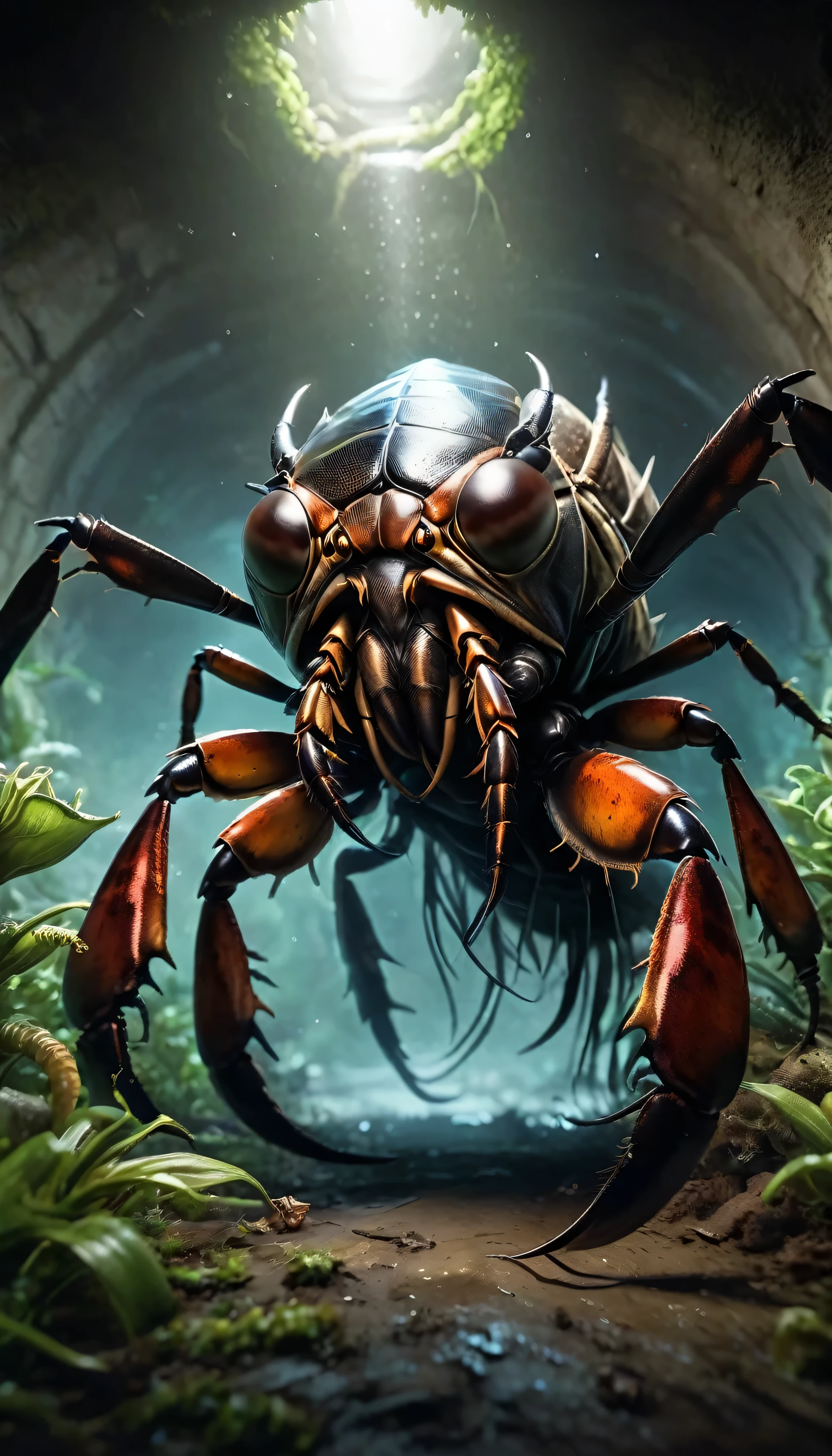 Terrafage, the large insect-like monster, is shown consuming decayed organic material and small underground creatures. It uses its powerful mandibles to break down and ingest the materials. The scene is set in a dimly lit tunnel, with decomposed plant matter and small bones scattered around. Terrafage's strong front legs and mandibles are highlighted, showcasing its efficient feeding habits.