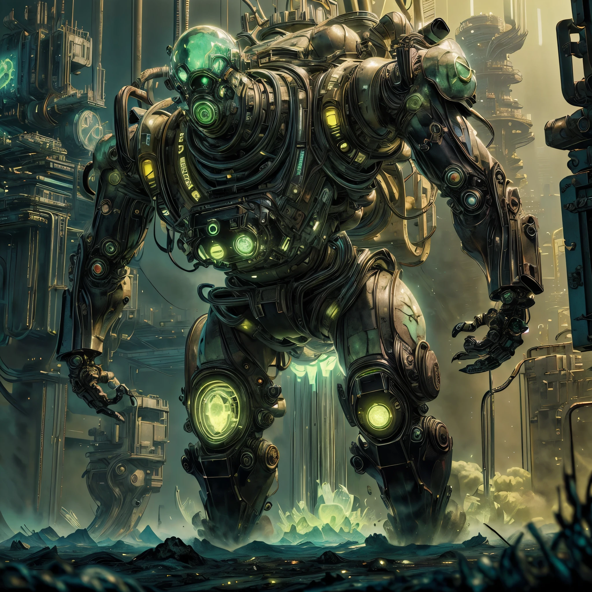 (masterpiece, uhd, 8k wallpaper, hdr, ultra high detail, best quality:1.5),  radioactive golem, green energy, glowing green eyes, giant metal helmet, (arms, legs, thick chest, small waist, neck:1.3), cracked floor, uranium rods, power plant, nuclear facility, lab, danger signs, do not enter, destroyed, post-apocalyptic, danger, white smoke,
 uraniumtech, radiation, scifi, nuclear  , transparent , see-through