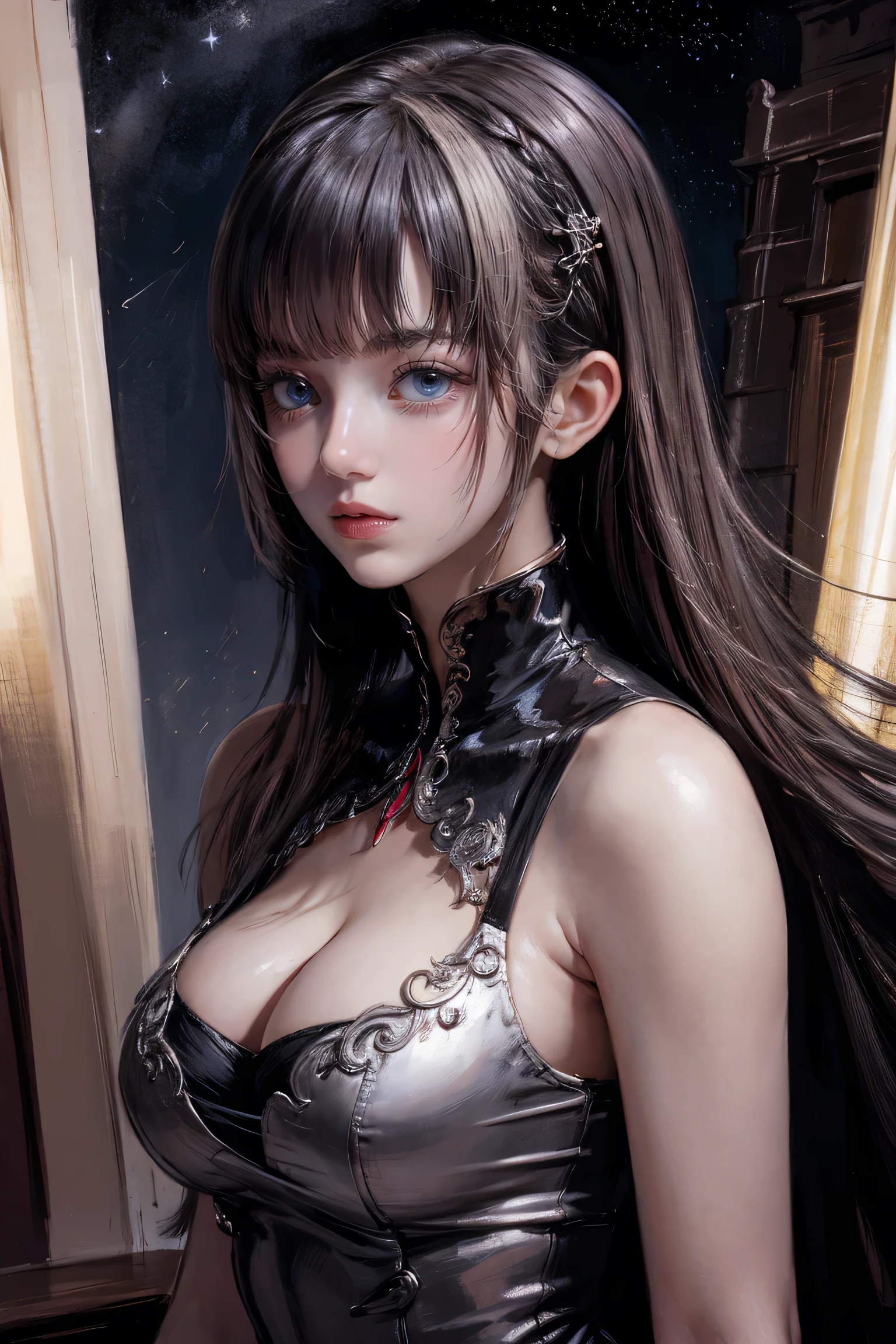 Silver-haired, Standing in water, Parted bangs, Modern, Surreal, Cinema Lighting, Chiaroscuro, masterpiece, Textured skin, High resolution, high quality, High detail, Beautiful Face, big, pronounced cleavage, ,See-through,Translucent clothing, Starry Sky, Grey Eyes, Big Breasts, Expose your shoulders, Large 胸, Sexy pose、
