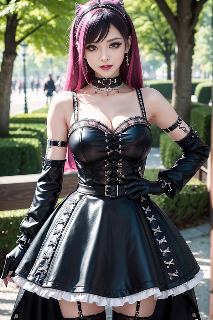 sexy stylish female model, only 1 female, ((doll-like appearance)), long stylish hair, ((shiny Punk-Style boots)), (big smile), ultra detailed eyes, Punk makeup, lipgloss, ((sexy Punk Lolita cosplay)), unconventional skirt, petticoats, high neckline, ((ultra detailed lace)), ((ultra detailed embroidery)), intricate details, tartan patterns, safety pins, Punk Lolita accessoires, short black gloves, Punk Lolita choker, ((large sparkling Punk Lolita jewelry)), cinematic light, detailed large park background with trees 