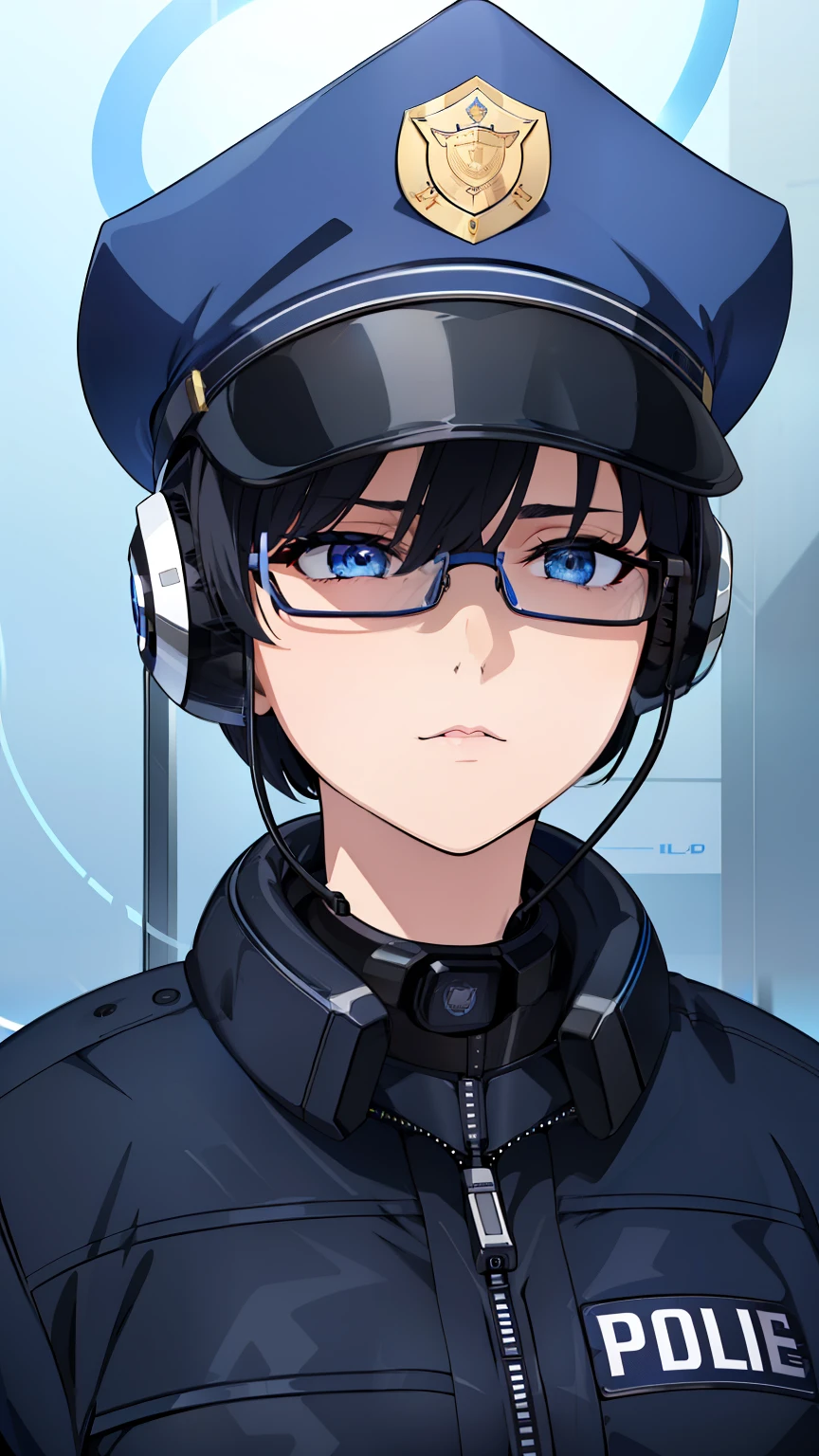 (best quality:1.5, highres, UHD, 4K, detailed lighting, shaders), black hair, short hair, sleek bob hair, cool woman, cool girl, sharp eyes, blue eyes, beautiful, simple background, police woman, police outfits, with headphones, with glasses