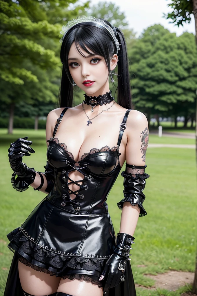 sexy stylish female model, only 1 female, ((doll-like appearance)), long stylish hair, ((shiny Punk-Style boots)), (big smile), ultra detailed eyes, Punk makeup, lipgloss, ((sexy Punk ta cosplay)), unconventional skirt, petticoats, high neckline, ((ultra detailed lace)), ((ultra detailed embroidery)), intricate details, tartan patterns, safety pins, Punk Loliccessoires, short black gloves, Punk Lolita cr, ((large sparkling Punk Lolita jewel, cinematic light, detailed large park background with trees