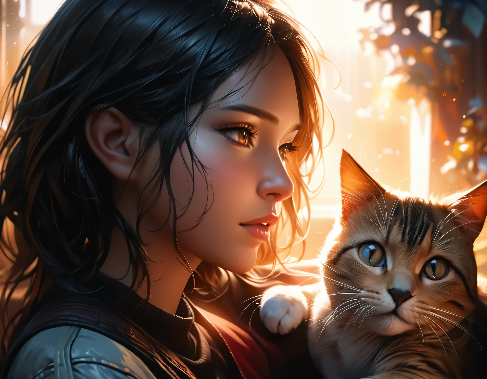 ((a girl with a cat)), detailed beautiful girl, beautiful detailed eyes, beautiful detailed lips, extremely detailed face and eyes, long eyelashes, beautiful young woman, cat companion, cute girl with pet, girl petting cat, girl and her feline friend, intricate details, cinematic lighting, warm color palette, fantasy art, digital painting, (best quality, 4k, 8k, highres, masterpiece:1.2), ultra-detailed, (realistic, photorealistic, photo-realistic:1.37), High quality, vibrant colors, soft focus
