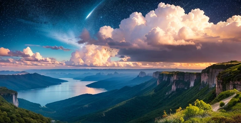 (Una vista wonderful:1.1),Sky full of clouds,Sacred and spiritual light,cliff,Gorgeous colors,Enchanting atmosphere,wonderful風景,majestic clouds,wonderful景色,ドラマチックなcliff,Unimaginable beauty,Heavenly brilliance,Dreamlike panorama,Calm and charming,Unforgettable scenery,wonderful,Sublime Vision,Stunning natural wonders,Otherworldly atmosphere,Magnificent View,Silence and paradise,Charming landscape,wonderful景色,Dazzling colors,wonderfulショー,Tranquility and tranquility,wonderful夕日,Bright sky,Quiet and peaceful atmosphere,fantastic and enchanting,Greatness and beauty,Sublime and heavenly,irreal e wonderful,Unforgettable and sublime,Sacred and enchanting,Breathtakingly beautiful、Magical,Fascinating and surreal、A spectacular view with no people around、The starry sky is very beautiful