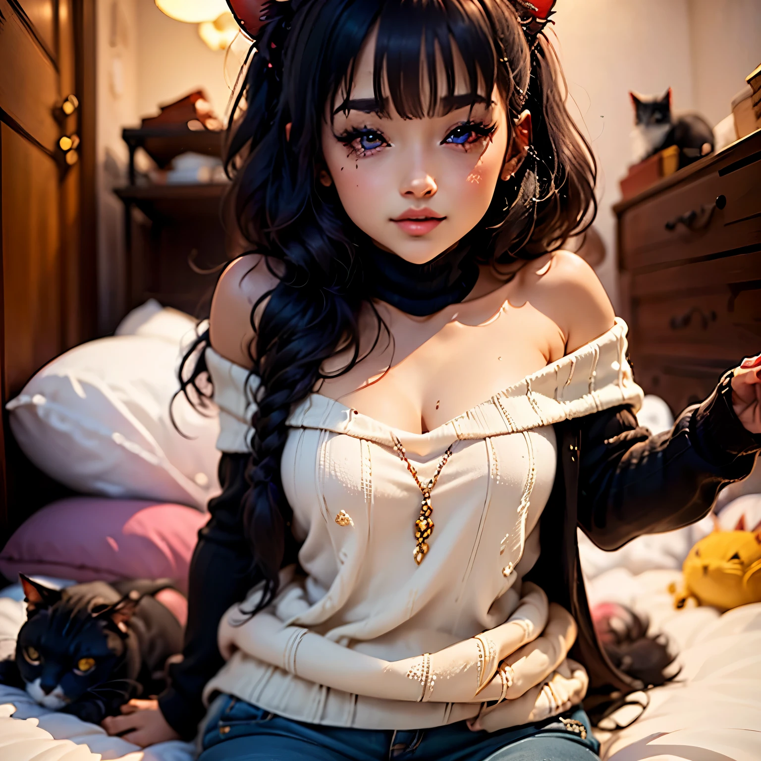 (mejor calidad,4k,8K,high resolution,obra maestra:1.2),ultra detallado,(hermosos ojos rojos bien detallados)(realista,photorealista,photo-realista:1.37),((junkotvv)),retratos,sexy,lindo,hermoso rostro,mirada intensa,sonrojo sonriente,pelo negro orejas de gato,flequillo,anteojos, ojos rojos,purple off shoulder knitted sweater,hombros descubiertos,pantalones negros,acostado en la cama,cabeza en la almohada,enfrentando,pecho mediano,escote,Cuerpo perfecto