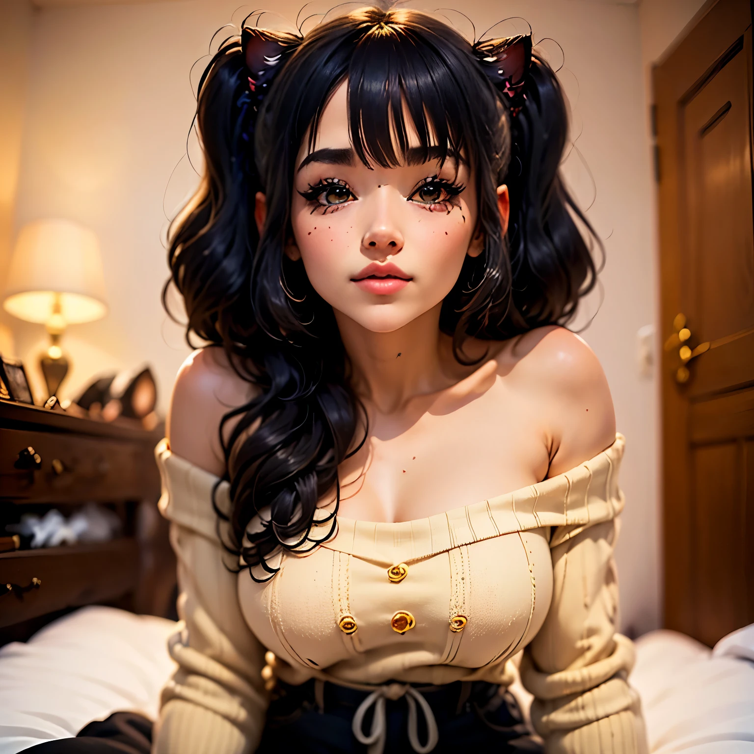 (mejor calidad,4k,8K,high resolution,obra maestra:1.2),ultra detallado,(hermosos ojos rojos bien detallados)(realista,photorealista,photo-realista:1.37),((junkotvv)),retratos,sexy,lindo,hermoso rostro,mirada intensa,sonrojo sonriente,pelo negro orejas de gato,flequillo,anteojos, ojos rojos,purple off shoulder knitted sweater,hombros descubiertos,pantalones negros,acostado en la cama,cabeza en la almohada,enfrentando,pecho mediano,escote,Cuerpo perfecto