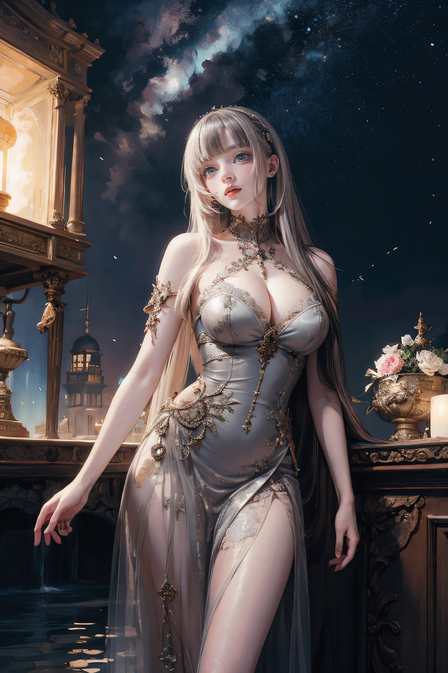 Silver-haired, Standing in water, Parted bangs, Modern, Surreal, Cinema Lighting, Chiaroscuro, masterpiece, Textured skin, High resolution, high quality, High detail, Beautiful Face, big, pronounced cleavage, ,See-through,Translucent clothing, Starry Sky, Grey Eyes, Big Breasts, Expose your shoulders, Large 胸, Sexy pose、