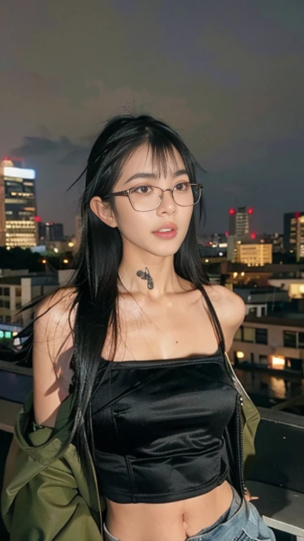 Masterpiece, best quality, ultra high res, realistic, (photorealistic:1.4), 1girl, black hair, blunt bang, wearing camisole, crop top, hoodie, glasses, in the top of building, night, city scape background, city light, cinematic lighting, detailed face , looking at camera, front view