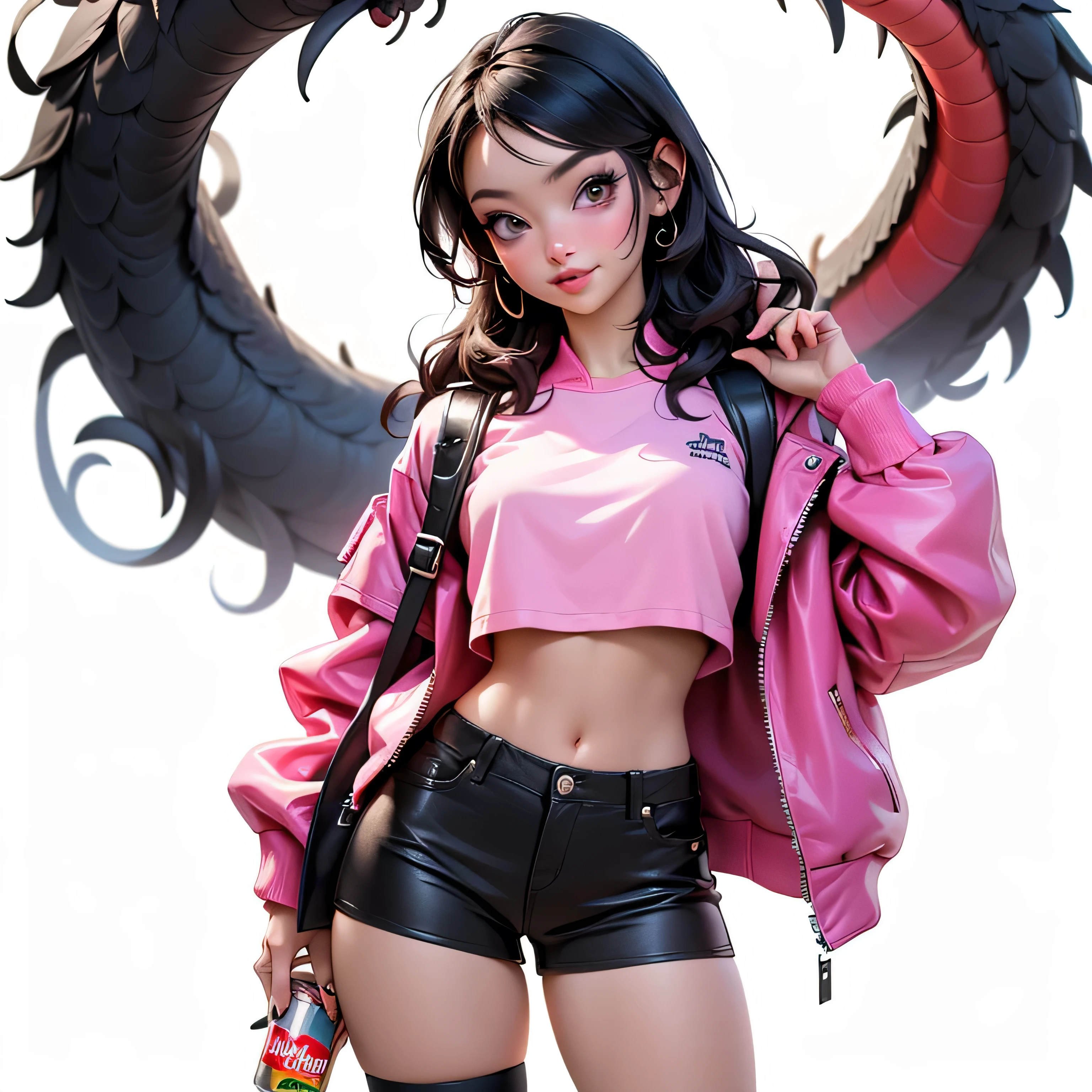 ((Best Quality, best resolution, award-winning portrait, official art)), ((perfect Masterpiece)), ((Realistic)) and ultra-detailed photography of a 1nerdy woman, 25 year old, with goth and post apocalyptic colors. She has ((long whispy long Black-colored hair)), wears a (Pink Bomber Jacket with a white Tshirt and a Black Crop top) and a (Harajuku-inspired shorts:1.2) , ((the most beautiful and sexy aesthetic)),drinking a can of soda and holding a bag of chips, Show the whole body, Leaning back, Head tilt, winking, laughting, white background, Smiling. Knee high socks, Dynamic pose Full Body, worms eye view
