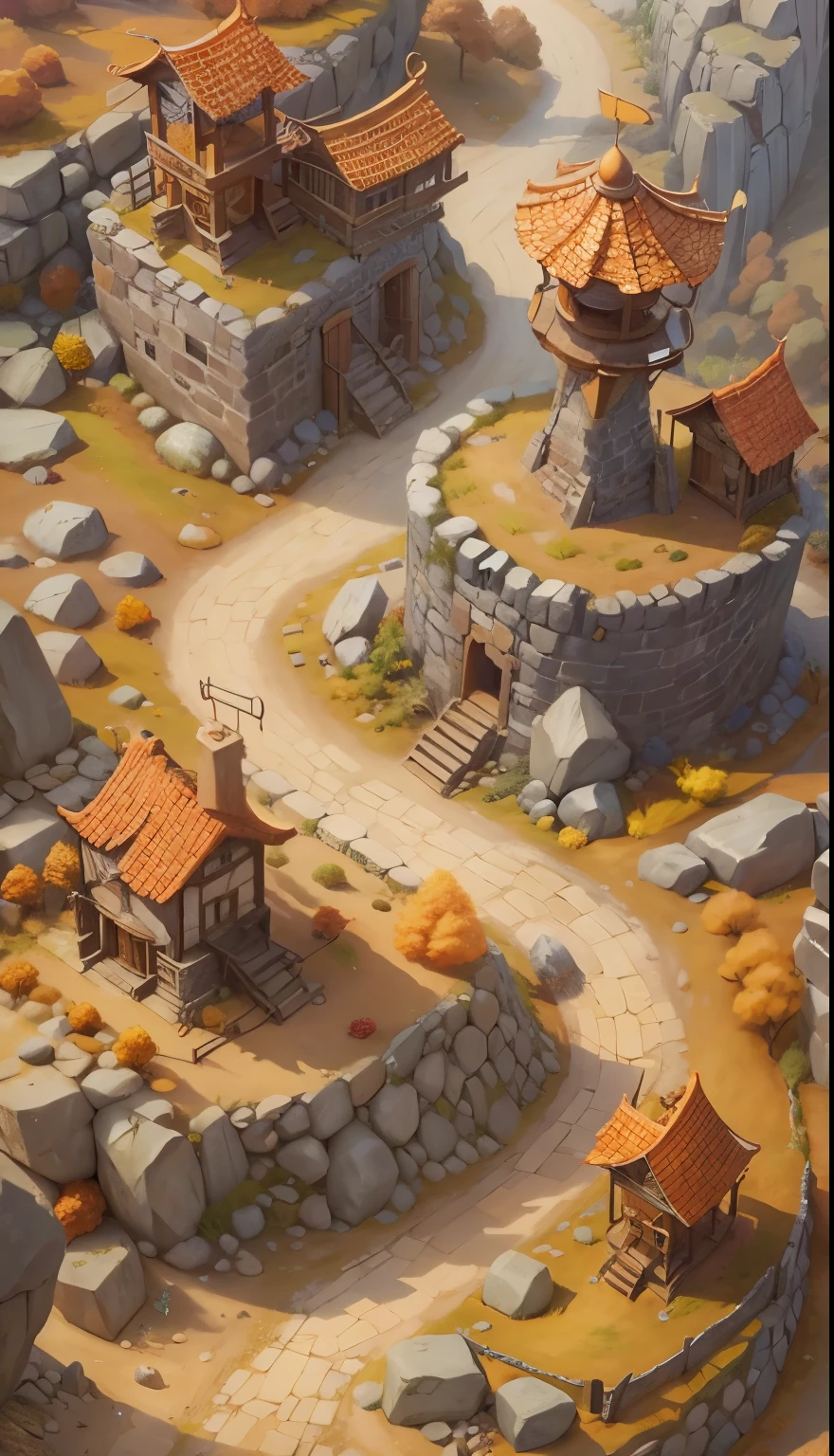Stone Village ,Pure natural environment,Don't show up,The overall picture is pure,Clean picture,middle Ages,Vertical Image,Cartoon,Isometric 2D Game Art, masterpiece, Super detailed good quality