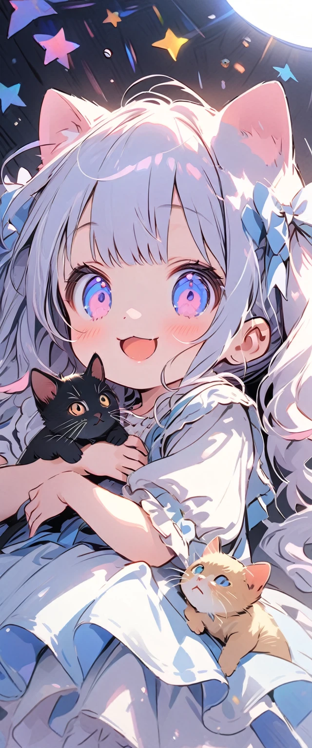 female\(,cute,kawaii,age of 10s hair,curly hair,hair color cosmic,big eyes,eye color cosmic,cute dress,[cat ear:1.4],smile,dynamic pose\), BREAK ,background\(inside,messy room,cute room,many kitten\), BREAK ,quality\(8k,wallpaper of extremely detailed CG unit, ​masterpiece,hight resolution,top-quality,top-quality real texture skin,hyper realisitic,increase the resolution,RAW photos,best qualtiy,highly detailed,the wallpaper,cinematic lighting,ray trace,golden ratio\),(close up kitten:1.4),from below