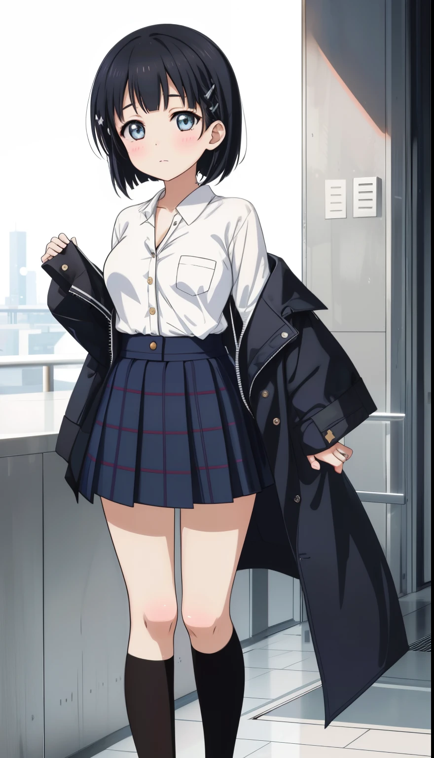 One Girl、positive、Standing posture、Full body portrait、Black Hair、Medium Haircut、blush、Absolute area、Black knee-high socks、Knee-length、stockings、Black Pantyhose、White underwear、Light blue shirt、Dark blue checked mini skirt、Japanese high school students、Summer clothes、nightの歓楽街、night、(Very large breasts)、Cleavage、open chest shirt、((Lesbians around the world))、masterpiece、(highest quality)、
Panties around the ankles、Black Loafers、Shirt buttons fly off、Unbutton your shirt、Exposing the breasts、Bare your breasts