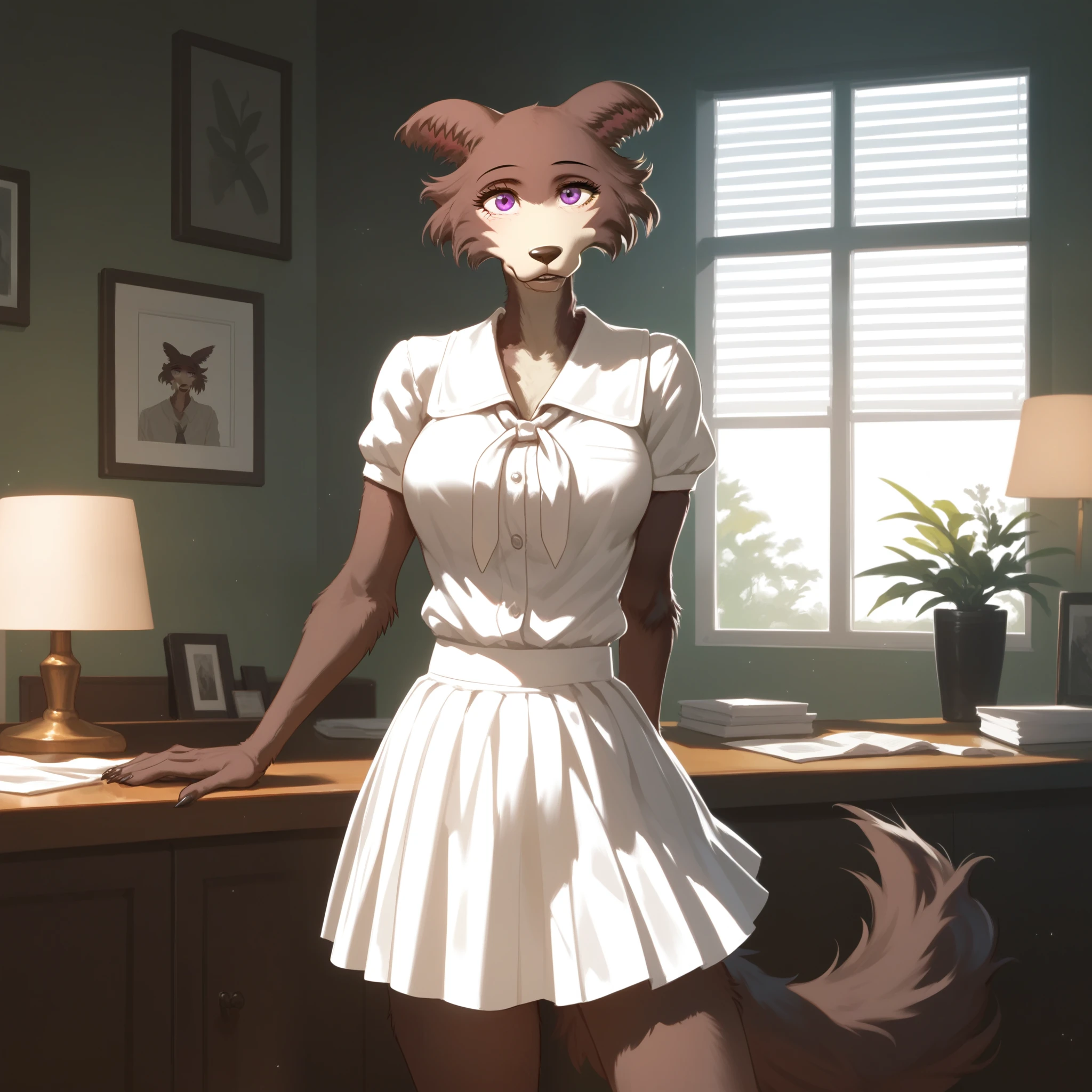 Solo,  score_9,score_8_up,score_7_up, source_furry, Juno, beastars style, anthro furry brown wolf girl, purple eyes, tail, wearing white shirt, white skirt, indoors , standing