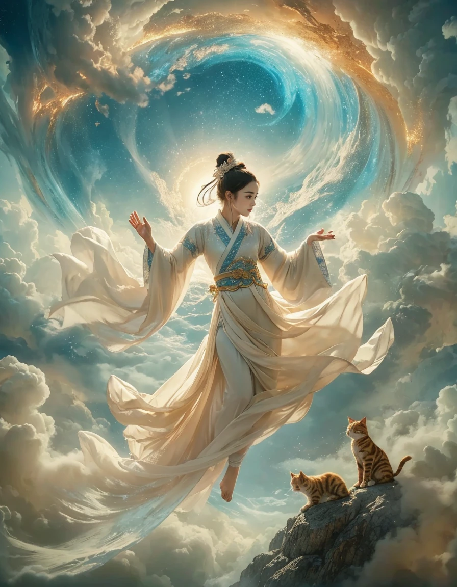 anatomical correct, solo, a mystical scene in the style of xianxia, featuring  cats in ethereal form dancing gracefully with a celestial maiden above auspicious clouds. The cat spirit and the enchanting maiden move with elegance and fluidity, their movements harmonizing with the celestial surroundings. The ethereal quality of the scene, set against a backdrop of divine clouds, evokes a sense of enchantment and spiritual beauty, inviting viewers to witness a transcendent moment of otherworldly grace and serenity