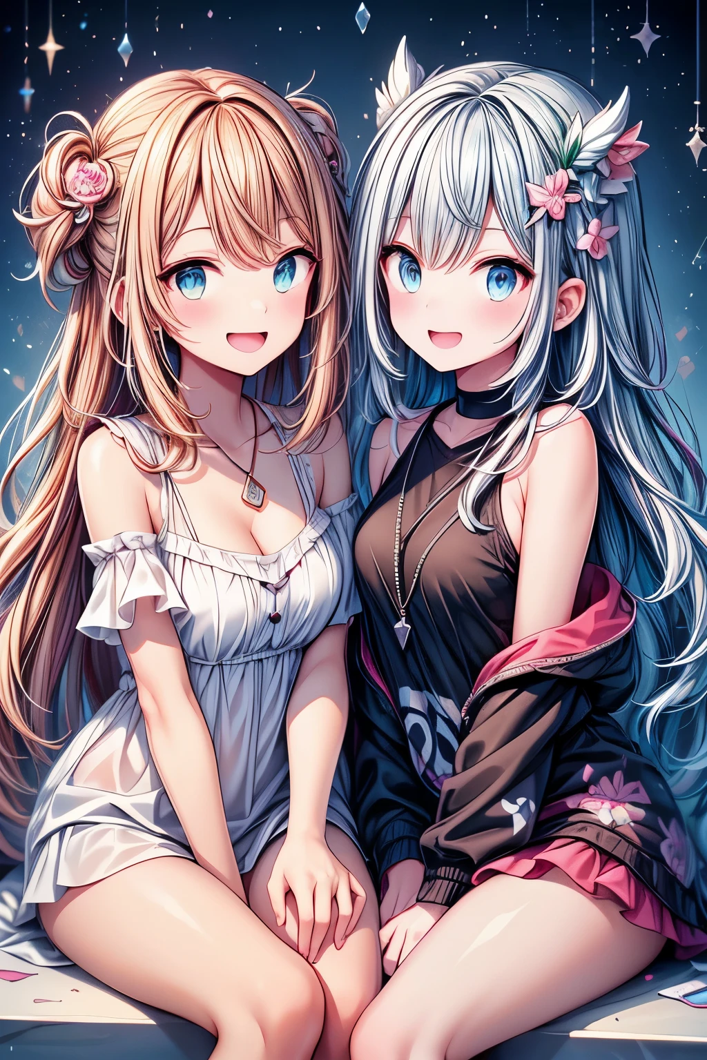 2 girls, high school student, , sitting and eating soft serve ice cream, Very smiling, Open your mouth, Close ~ eyes, LOL, noon, Bright sky, Masterpiece, Committed to ultra-high definition and vivid colors, Super detailed, Attention to detail, highest quality, 8K, 16K, Exquisite detail, A style that combines romanticism and realism, High resolution, Perfect Anatomy, Background Bokashi, Bokeh, Angle from below