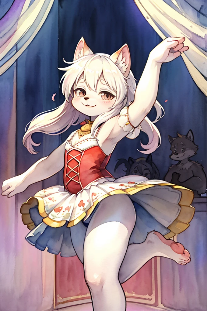 closeup face , hairy racoon dog lady , hairy fur , round face , (tilt face:1.2) , (half-open eyes) , Swollen cheeks , glossy lips , euphoria smile ,(barefoot:1.2) , (look away:1.2) ,relax ta costume , hair ornaments , Drawers , Theater stage , Dancing ballet on the stage , dynamic dance , dim light , En face ,croisee , efface , En avant , En bar , En haut , a la seconde , allonge , Move limbs widely , rear Bokeh , front view , side view , top view , from below , back shot , (jump) , (pale watercolor:1.5), Picture book illustrations , Simplified depiction , (Painting yourself)