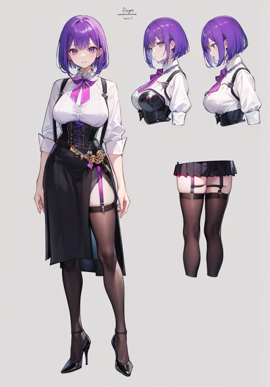 Purple Hair,bob Hair,Adult female,((Body Harness)),((Shirt with rolled up sleeves)),(corset),(Tight Skirt),(High heels),((Simple Background)),smile,((whole body)),((whole body)),Character Sheet,