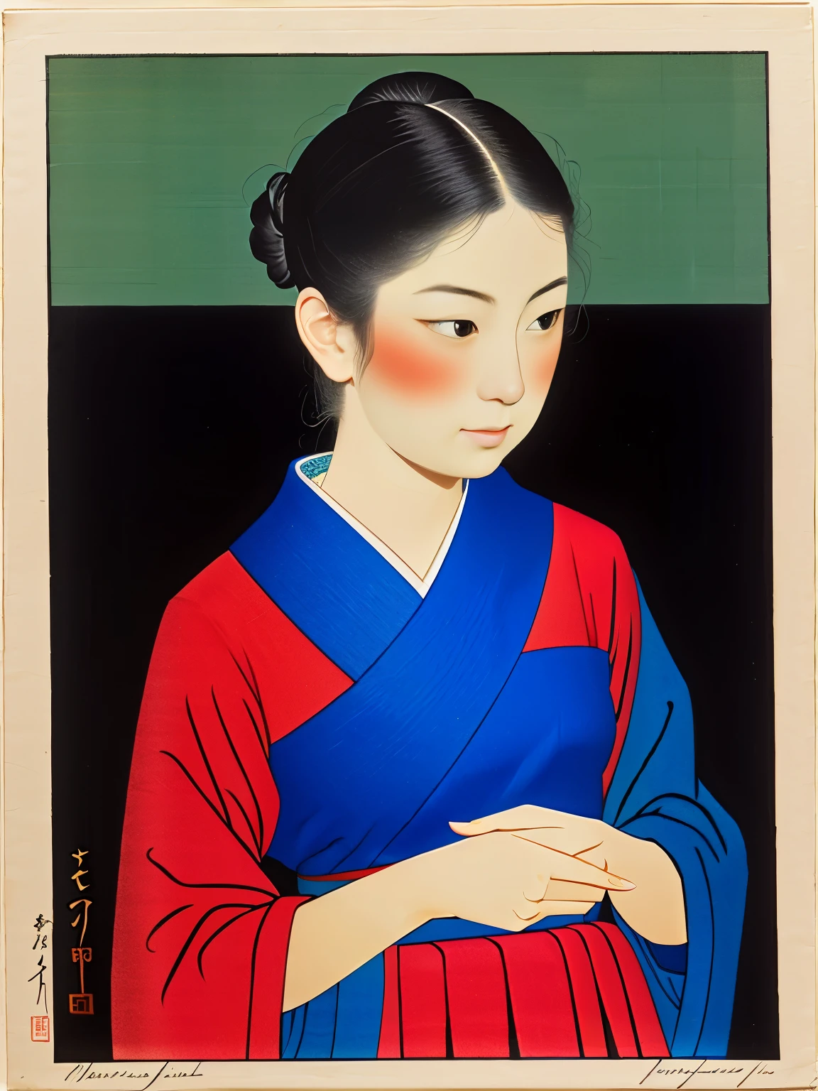 Ukiyo-e:1.9、Utamaro、woodblock print、woodblock print、otherscape、SF、Girl and cat、Detailed face、Beautiful Eyes、Elegant kimono、Intricate floral pattern、Delicate skin、Natural light、A calming color palette、Soft Focuasterpiece