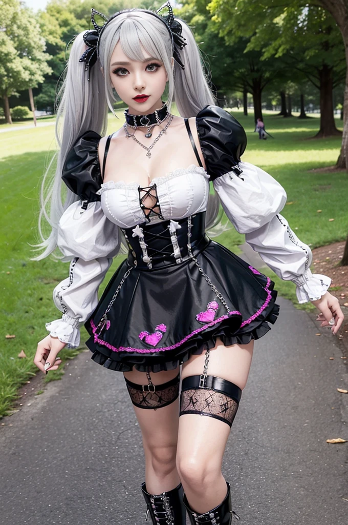 sexy stylish female model, only 1 female, ((doll-like appearance)), long multicolor stylish hair, ((shiny Punk-Style boots)), (big smile), ultra detailed eyes, Punk makeup, lipgloss, ((sexy Punk Lolita cosplay)), unconventional skirt, petticoats, high neckline, ((ultra detailed lace)), ((ultra detailed embroidery)), intricate details, tartan patterns, (silver chains), (silver spikes), (safety pins), Punk Lolita accessoires, Punk Lolita choker, ((large sparkling Punk Lolita jewelry)), cinematic light, detailed large park background with trees