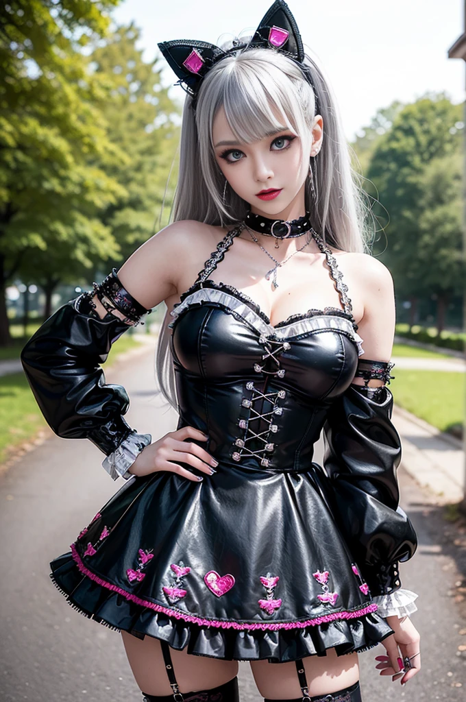 sexy stylish female model, only 1 female, ((doll-like appearance)), long multicolor stylish hair, ((shiny Punk-Style boots)), (big smile), ultra detailed eyes, Punk makeup, lipgloss, ((sexy Punk Lolita cosplay)), unconventional skirt, petticoats, high neckline, ((ultra detailed lace)), ((ultra detailed embroidery)), intricate details, tartan patterns, (silver chains), (silver spikes), (safety pins), Punk Lolita accessoires, Punk Lolita choker, ((large sparkling Punk Lolita jewelry)), cinematic light, detailed large park background with trees