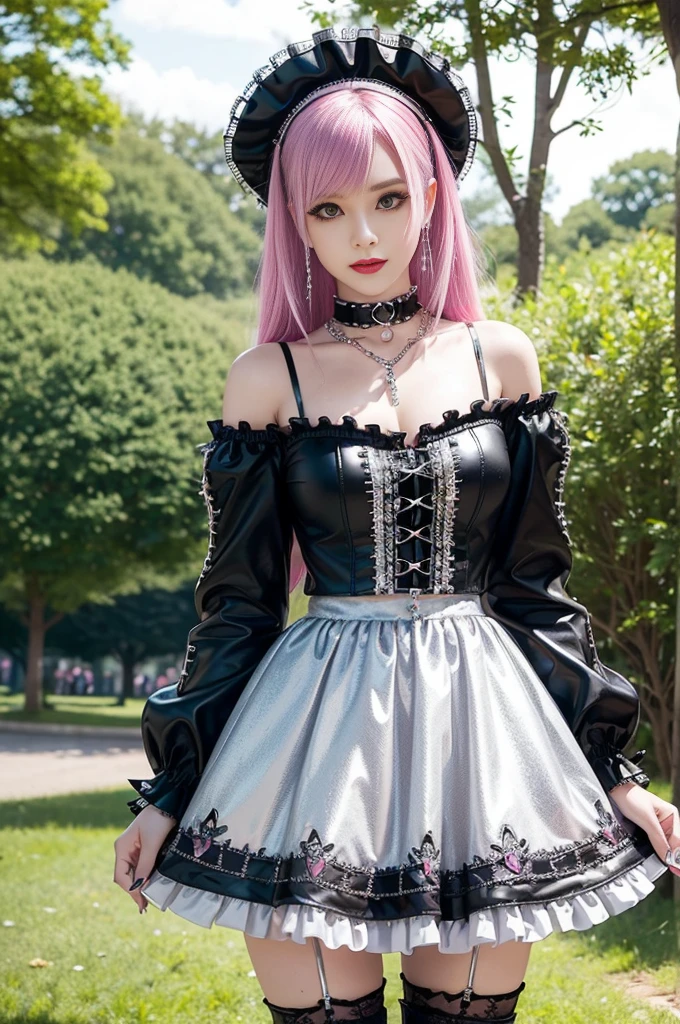 sexy stylish Swedish model, only 1 female, ((doll-like appearance)), long neon pink stylish hair, ((shiny Punk-Style boots)), (big smile), ultra detailed eyes, Punk makeup, lipgloss, ((sexy Punk Lolita cosplay)), unconventional skirt, petticoats, high neckline, ((ultra detailed lace)), ((ultra detailed embroidery)), intricate details, tartan patterns, (silver chains), (silver spikes), (safety pins), Punk Lolita accessoires, Punk Lolita choker, ((large sparkling Punk Lolita jewelry)), cinematic light, detailed large park background with trees 