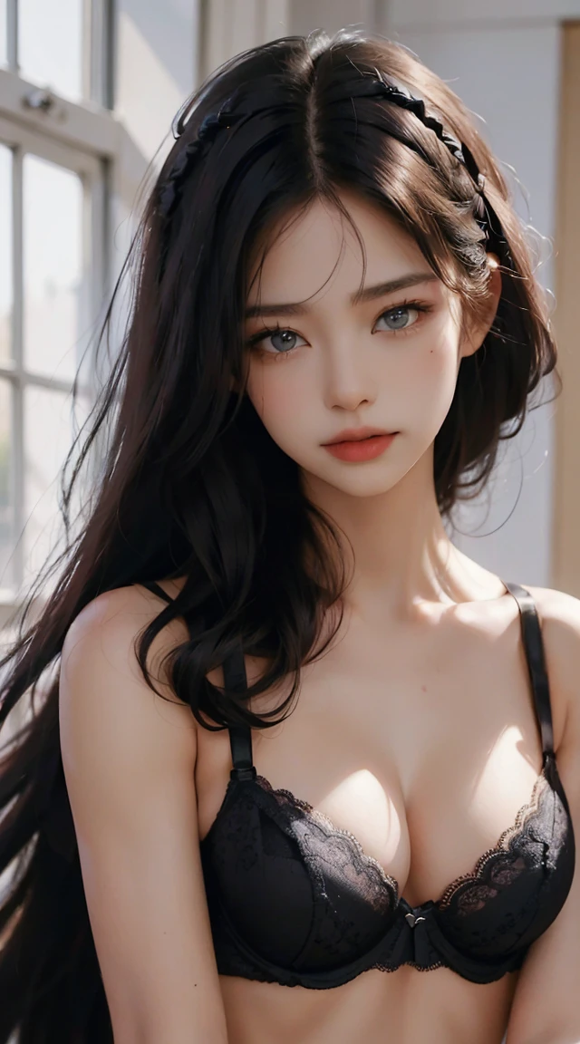 ((highest quality, 8k, masterpiece :1.3)), 1 girl, A cute woman who emphasizes her slender abdominal muscles :1.3, (random hairstyle :1.2), (black sexy bra:1.5), super detailed face, fine eyes, double eyelid, armpit, (nsfw), (asia beautiful girl), young girl, super beautiful, white skin, perfect skin, background in prison, (Sexy smile expression), (licking lips)