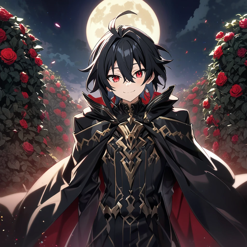 2boy, male focus, ((Hyakuya Mikaela) \(Swort Art Online\), (short black hair), (ruby red eyes), black costume, bangs, smiling gently, black cape, sword), ((Hyakuya Yuuichiro) \(Swort Art Online\), (short black hair), (gold eyes), black noble costume, bangs, black cape, smiling mischievously):1.2,  ((ultra-detailed)), ((illustration)), ((neat hair)), (beautiful detailed eyes), standing near each other, ((black roses garden, night, moon)), looking at the viewer