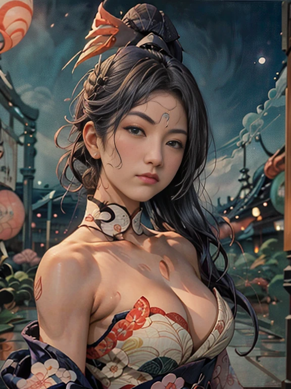 (Ukiyo-e:1.9)、woodblock print、woodblock print、otherscape、SF、Space Opera、Beautiful woman、Purple clouds gather、Detailed face、Beautiful Eyes、Elegant garments、Intricate floral pattern、Delicate skin、Natural light、A calming color palette、Soft Focuasterpiece、skimpy leather costume、spaceship、night、mynatalee woman