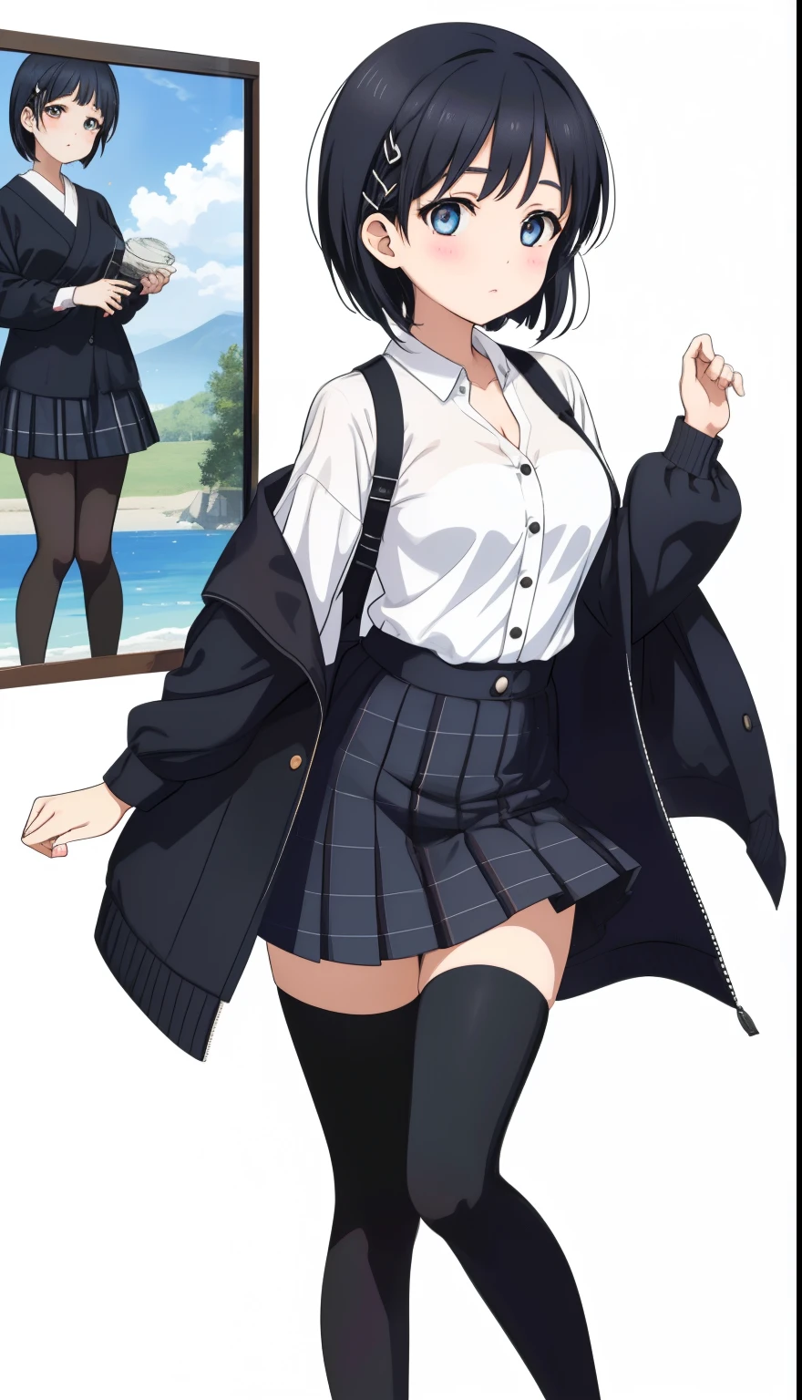 One Girl、positive、Standing posture、Full body portrait、Black Hair、Medium Haircut、blush、Absolute area、Black knee-high socks、Knee-length、stockings、Black Pantyhose、White underwear、Light blue shirt、Dark blue checked mini skirt、Japanese high school students、Summer clothes、nightの歓楽街、night、(Very large breasts)、Cleavage、open chest shirt、((Lesbians around the world))、masterpiece、(highest quality)、
Panties around the ankles、Black Loafers、Shirt buttons fly off、Unbutton your shirt、Exposing the breasts、Bare your breasts