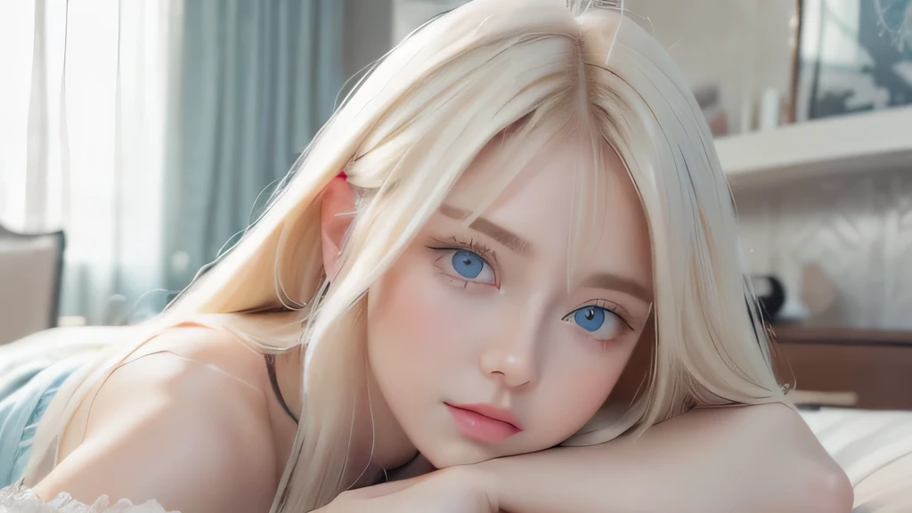 A very white and beautiful 20-year-old blonde girl、masterpiece, highest quality, shape, Ultra-fine detail, Natural platinum blonde with a natural shine、Super long straight silky hair、Super long hair like Rapunzel、Hair tangled all over the body、bangs over eyes、bangs on the face、Messy bangs、High resolution, 8K TV Wallpaper, Perfect dynamic composition, Big, bright, light blue eyes that shine beautifully、Very big eyes、of hotel(bed)、Small Face Beauty、Round face、double eyelid、Cheek gloss highlighter