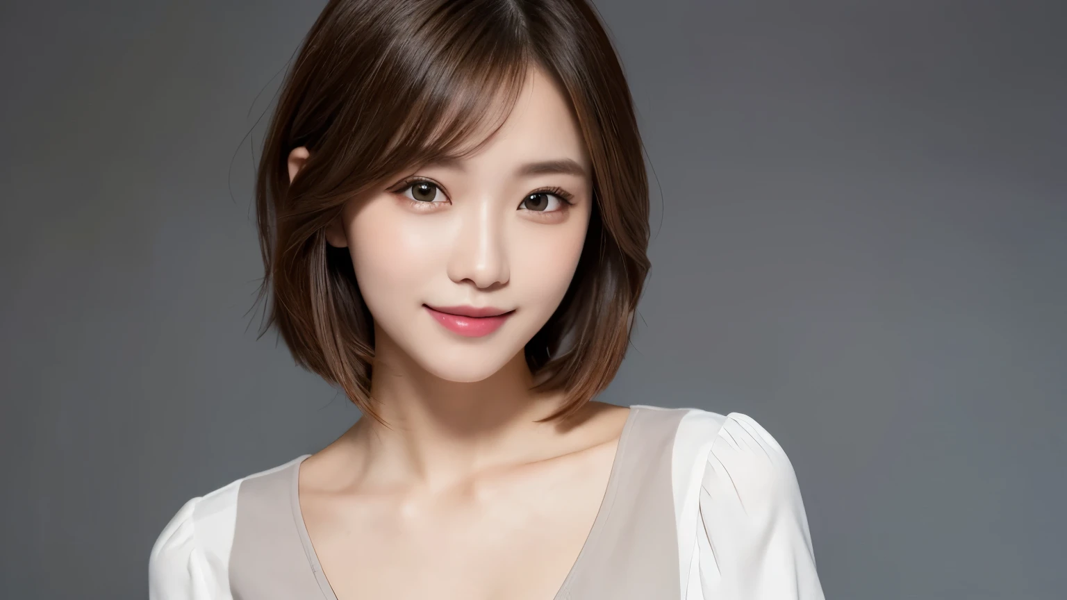 (Very detailed CG Unity 8k wallpaper, highest quality, Very detailed, Looking at the camera:1.2, The light shines on your face:1.5, Gray background, Professional Lighting), Japan female, 26 years old, Upper body composition with brightly lit face. She has an oval face, Soft arched eyebrows, bright expressive eyes,, pronounced nose, And a friendly smile. Her hair is shoulder-length, straight, Dyed a light chestnut color. She is wearing a smart casual blouse, Probably soft colors, Paired with a chic blazer, Embody her lively and sociable personality