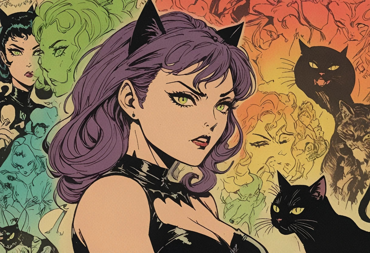 comic 1960's, Catwoman, Catgirl (soon to be Catwoman) with cat, girl with ethereal spirit cat, cinematic poster, image within image, multiple exposure, massive scale, rich color grading for shading depth, hand drawn rotoscope cartoon realism, chiaroscuro lighting, mixed media, vintage comic, retro original design, 1990's comic, sense of movement energy) (Joelle Jones Catwoman style reference), (full roygbiv color) ink charcoal expressive illustration, gritty noir aesthetics