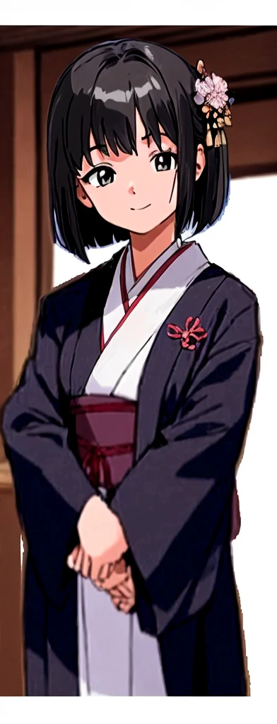 A young girl with a bob haircut is standing in a kimono at a ryokan, looking to the side and smiling with her eyes slightly open.。