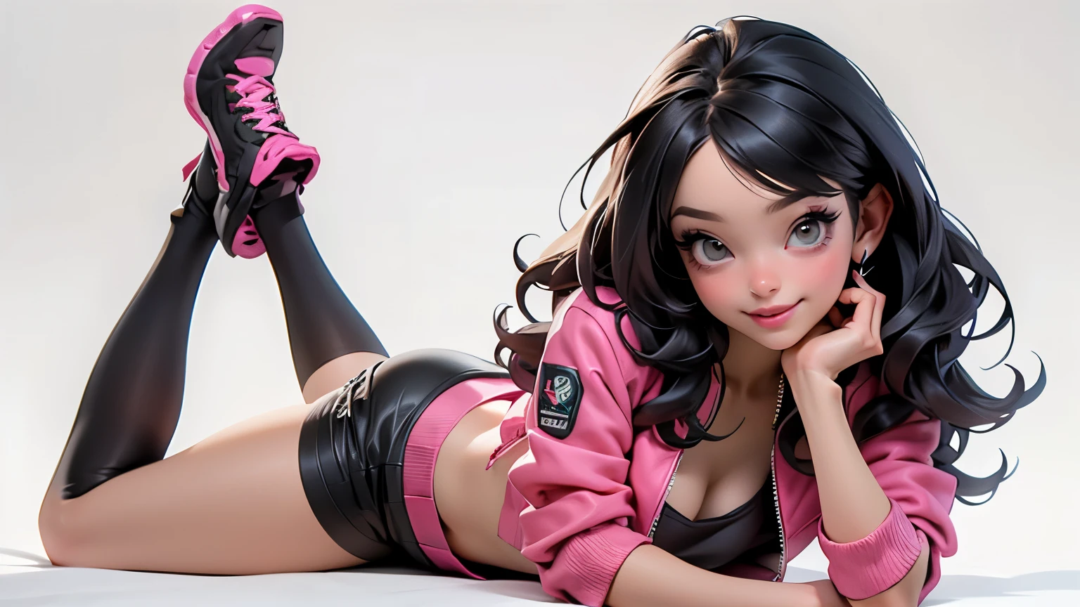 ((Best Quality, best resolution, award-winning portrait, official art)), ((perfect Masterpiece)), ((Realistic)) and ultra-detailed photography of a 1nerdy woman, 25 year old, with goth and post apocalyptic colors. She has ((long whispy long Black-colored hair)), wears a (Pink Bomber Jacket with a white Tshirt and a Black Crop top) and a (Harajuku-inspired shorts:1.2) , ((the most beautiful and sexy aesthetic)),drinking a can of soda and holding a bag of chips, Show the whole body, Leaning back, Head tilt, winking, laughting, white background, Smiling. Knee high socks, Dynamic pose Full Body, laying down