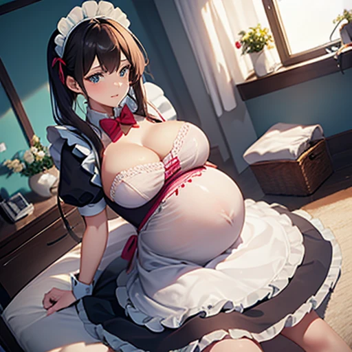 Beautiful pregnant female maid, mature, bunny ears, wants to have sex with me, cleavage, maid dress,