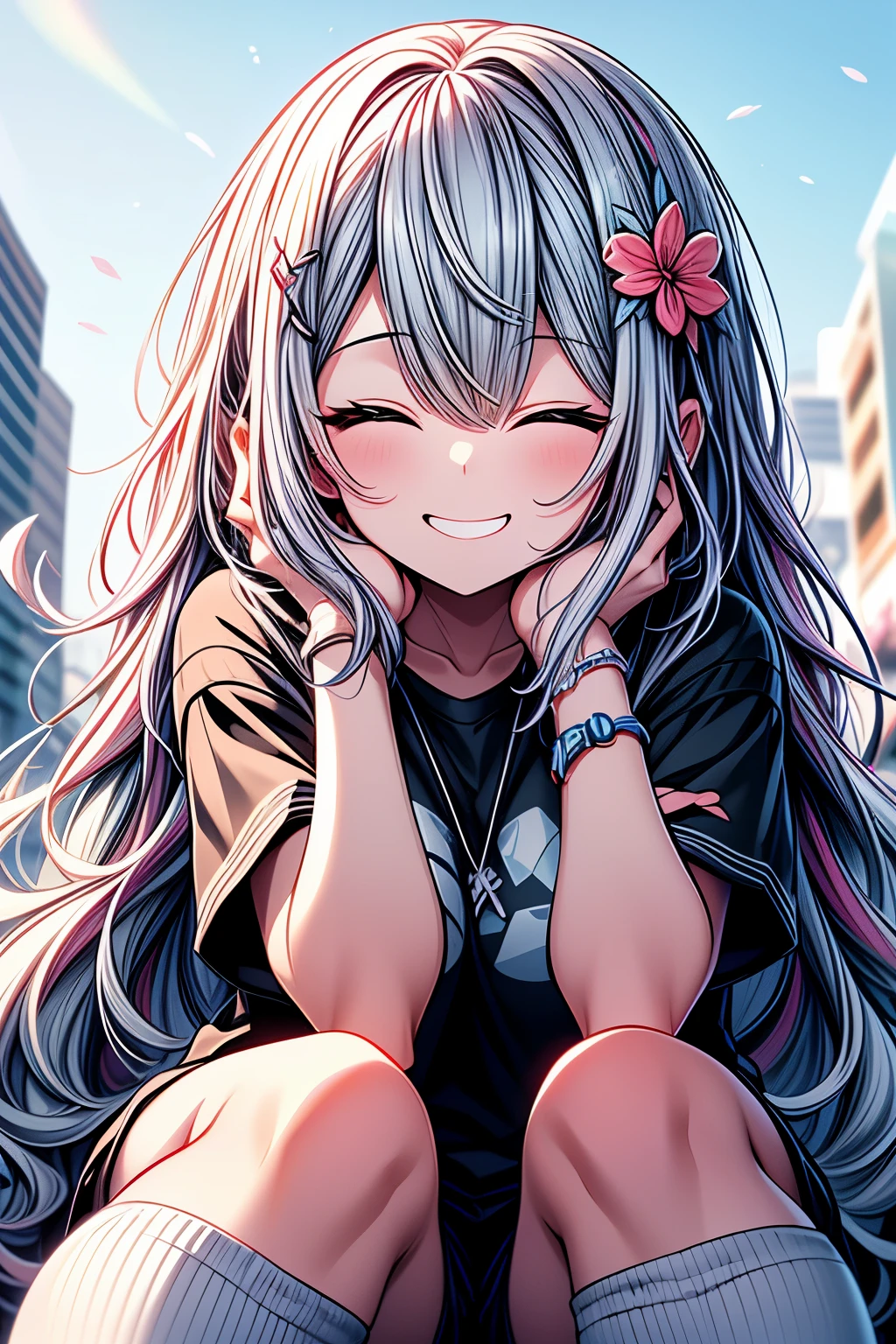 2 girls, high school student, Sailor suit, sitting and eating soft serve ice cream, Very smiling, Open your mouth, Close ~ eyes, LOL, noon, Bright sky, Masterpiece, Committed to ultra-high definition and vivid colors, Super detailed, Attention to detail, highest quality, 8K, 16K, Exquisite detail, A style that combines romanticism and realism, High resolution, Perfect Anatomy, Background Bokashi, Bokeh, (((Angle from below))), (((in focus with blurred background)))