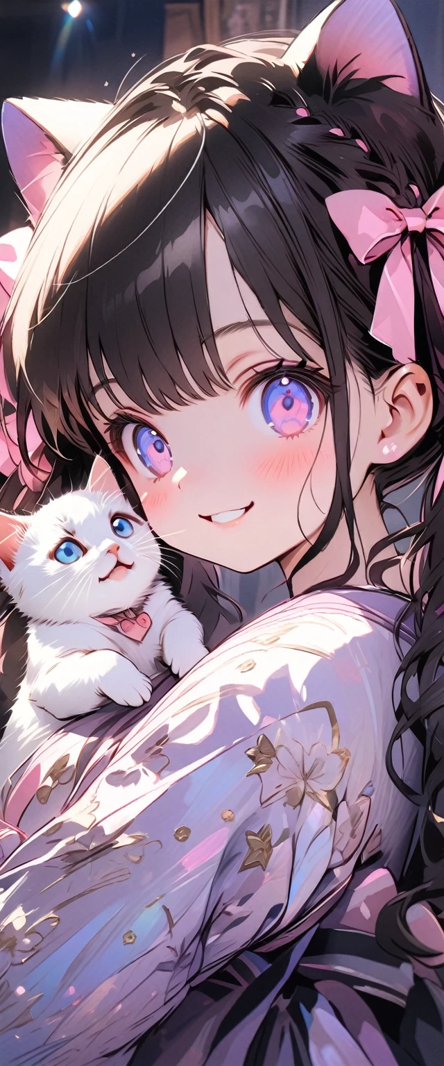 female\(,cute,kawaii,age of 10s hair,curly hair,hair color cosmic,big eyes,eye color cosmic,cute dress,[cat ear:1.6],smile,dynamic pose\), BREAK ,background\(inside,messy room,cute room,many kitten\), BREAK ,quality\(8k,wallpaper of extremely detailed CG unit, ​masterpiece,hight resolution,top-quality,top-quality real texture skin,hyper realisitic,increase the resolution,RAW photos,best qualtiy,highly detailed,the wallpaper,cinematic lighting,ray trace,golden ratio\),(close up kitten:1.4),from below