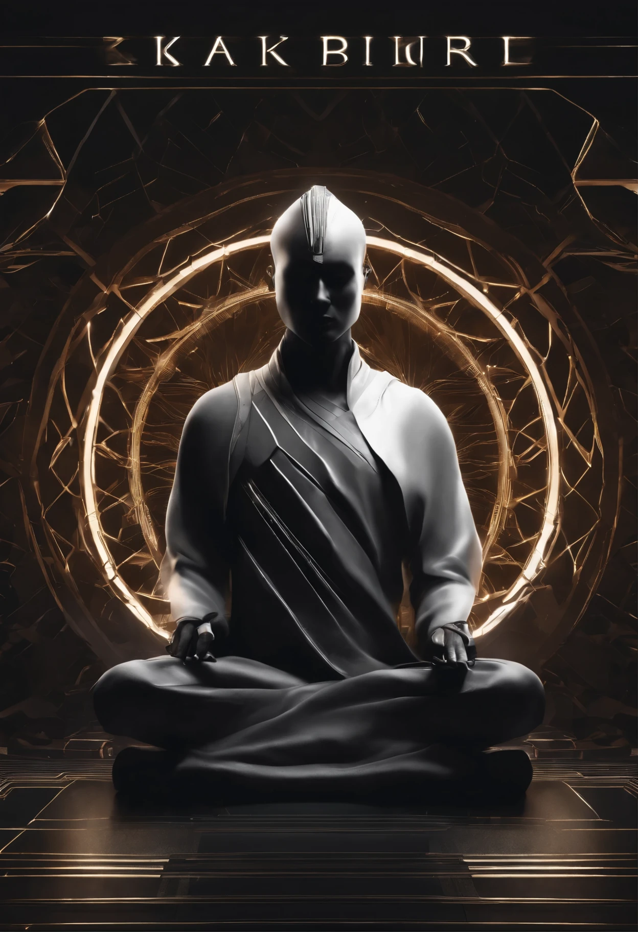 8k detailed digital art, book cover design, abstract geometric background in shades of dark grey and black, sharp angular shapes and lines creating a sense of depth and movement, centered silhouette figure in a dynamic martial arts pose, brain icon overlaid with glowing effects in the center, title text in bold white font at the top, creator name in smaller white font at the bottom, minimalist and futuristic overall aesthetic, high contrast between light and dark elements