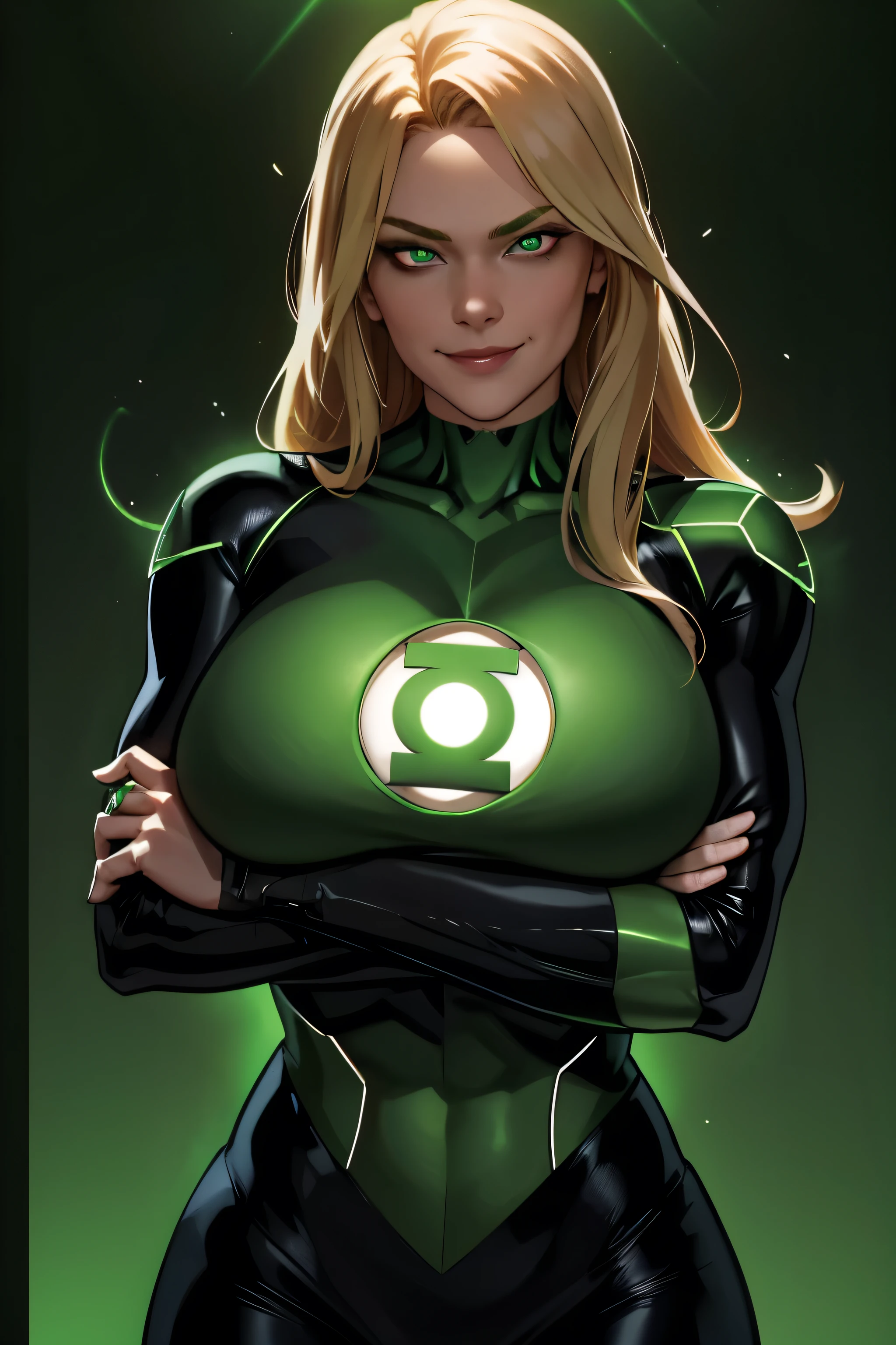 woman, long blonde hair, red eyes, smiling, full bodysuit, wearing a green ring, light background, huge breasts, sexy, feminine, masterpiece, crossed arms, beautiful detailed eyes, detailed face, looking at viewer, glowing, dark background, half body portrait, green lantern