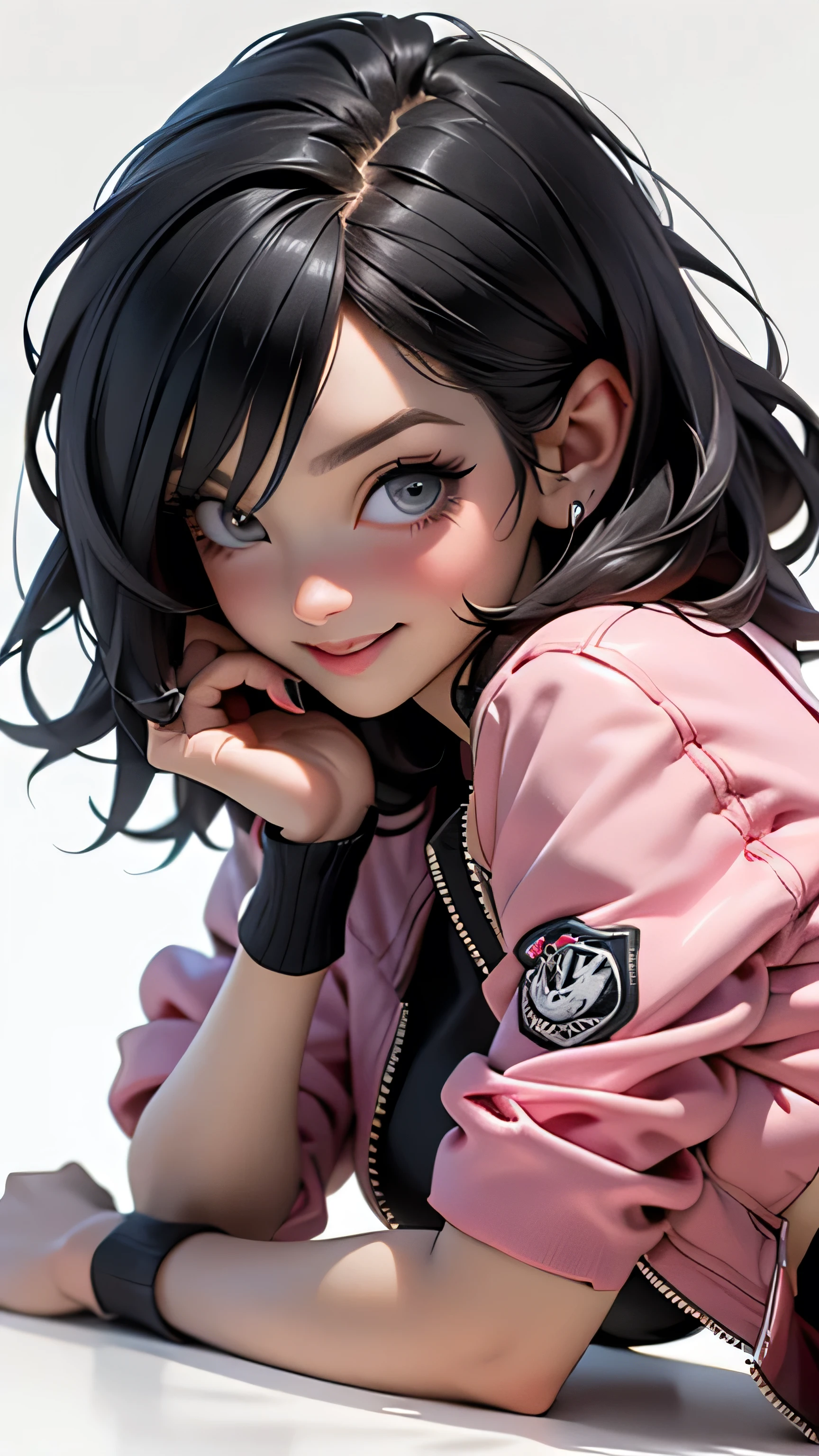 ((Best Quality, best resolution, award-winning portrait, official art)), ((perfect Masterpiece)), ((Realistic)) and ultra-detailed photography of a 1nerdy woman, 25 year old, with goth and post apocalyptic colors. She has ((long whispy long Black-colored hair)), wears a (Pink Bomber Jacket with a white Tshirt and a Black Crop top) and a (Harajuku-inspired shorts:1.2) , ((the most beautiful and sexy aesthetic)),drinking a can of soda and holding a bag of chips, Show the whole body, Leaning back, Head tilt, winking, laughting, white background, Smiling. Knee high socks, Dynamic pose Full Body, laying down, smirk
