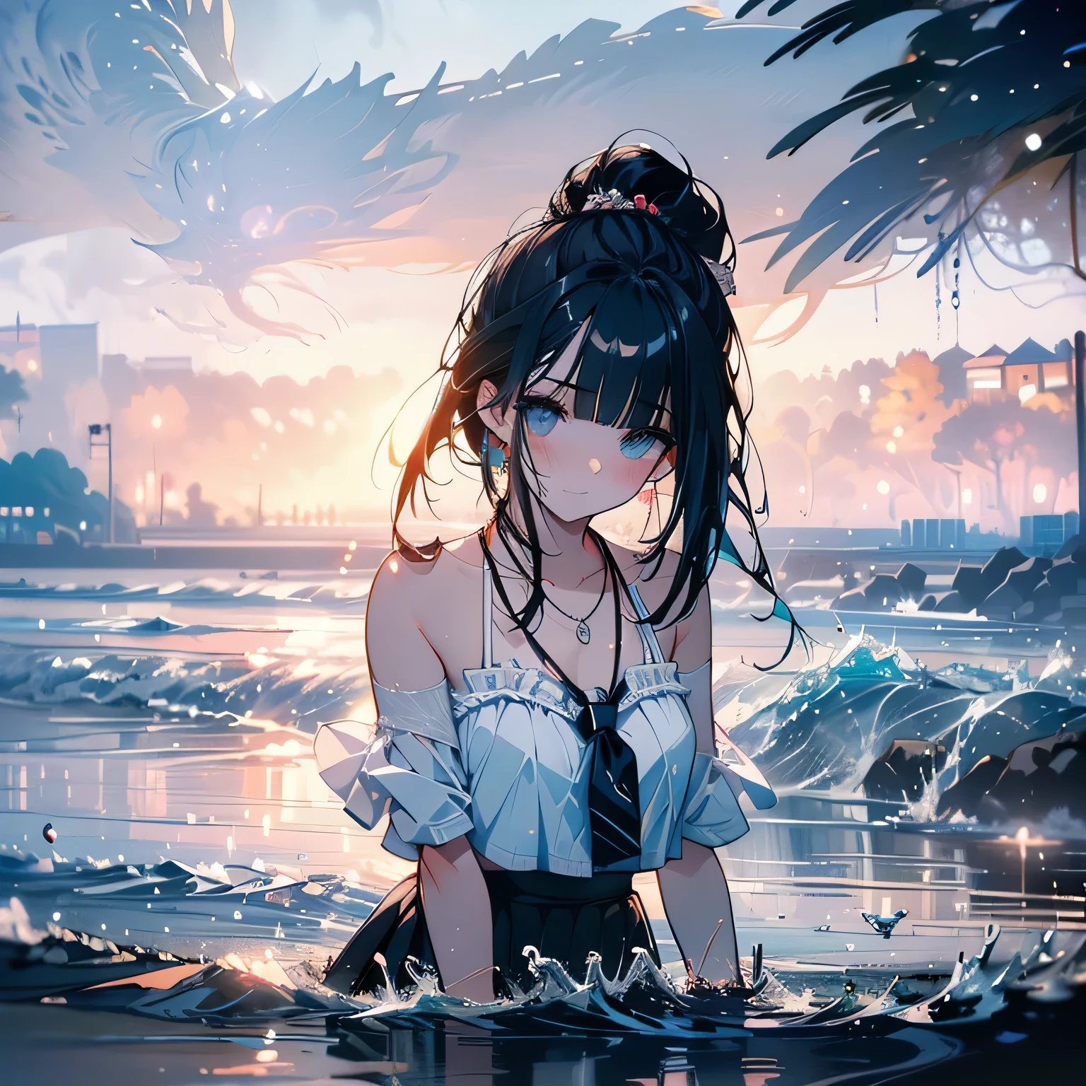 ((panty shot)),((lifting skirt)),((white panties focus)),(low angle,from below),((masterpiece, highest resolution,best quality)), (beautiful illustration), ((semi long beautiful black hair,blunt bangs,pony tail,beautiful eyes)),(solo),(Japanese high ,sailor,mini skirt,elegant swimsuit, bikini,),(looking at the viewer), (bathing in the sea),(innocent cute laugh), (cinematic lighting),beach, sand, blue sky,waves, coconut tree,fish,boat,sea gull,