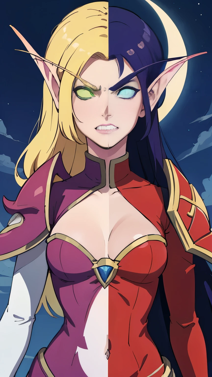 (Masterpiece, highly detailed, highly quality,  highly resolutions), 2 Pointy Ears, 2 eyebrows, line between the middle, Split Colored Hair in the Middle, cut the screen in the Middle, cut the Sun and Moon in Half, Split Colored Lips in the Middle, ({{BREAK nightelf, SplitScreen, split screen, Left screen, angry, clenched teeth, glowing eyes, left blue eyes, left Purple Hair, colored skin, mature female, purple Dress, purple shoulder pad, Navel, Cleavage, purple lips, looking at viewer, night, Sleeve, Long eyebrows, Princess of the Moon, Moon Background, left Half Moon center}}), vs, (BREAK bldelf, SplitScreen, splitscreen, Right Screen, angry, clenched teeth, glowing eyes, right Green eyes, right Blonde hair, colored sclera, mature female, Red Dress, red shoulder pad, Navel, cleavage, red lips, looking at viewer, day, Sleeves, long Eyebrows, Princess of the Sun, Sun Background, right Half Sun center))