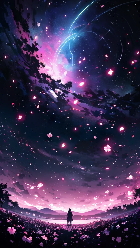 monochrome, masterpiece, conceptual art, panorama, in the center, figure, wide shot, flower garden, night, (meteors), Space galaxy background, (Great composition, Epic proportions), dynamic lighting, bright colors, Cherry blossoms,