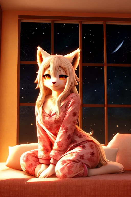 Okami Amanterasu diosa del sol furry, con su pijama, acostada en su cama, mirando las estrellas en la ventana del cuarto, de noche, beautiful and cute furry, HD 3D 4k