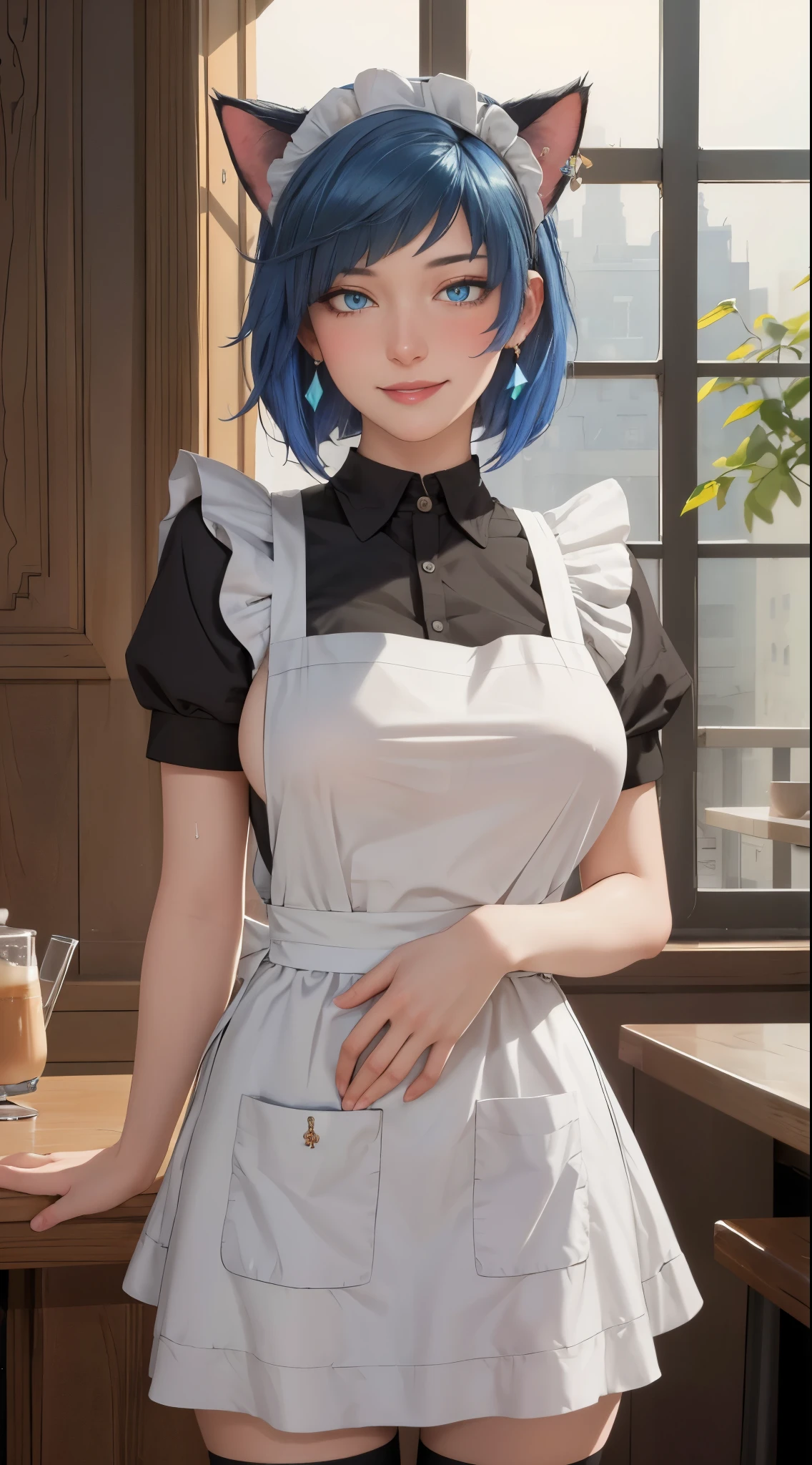 ((((masterpiece, best quality, high resolution)))), Extremely detailed 8K, Beautiful girl with voluptuous body, (Ultra HD, Ultra-detailed, Highly detailed, Highly realistic, Ultra-realistic, photograph realistic), (1girl:1.5), (Realistic blue hair), (short wavy hair, hair ornaments, earrings), (dynamic poses), facing at camera, looking at viewer, (blushing red, embarrassed, smile), (blue eyes, sharp eyes), (big perky breasts:1.2), (beautiful detailed face, beautiful detailed eyes), ((maid outfit, maid apron, cat ears headband)), (detail pussy), (standing up), sweat, glow, (sunbeam, sunlight), ((portrait shot)), coffee shop, seductive