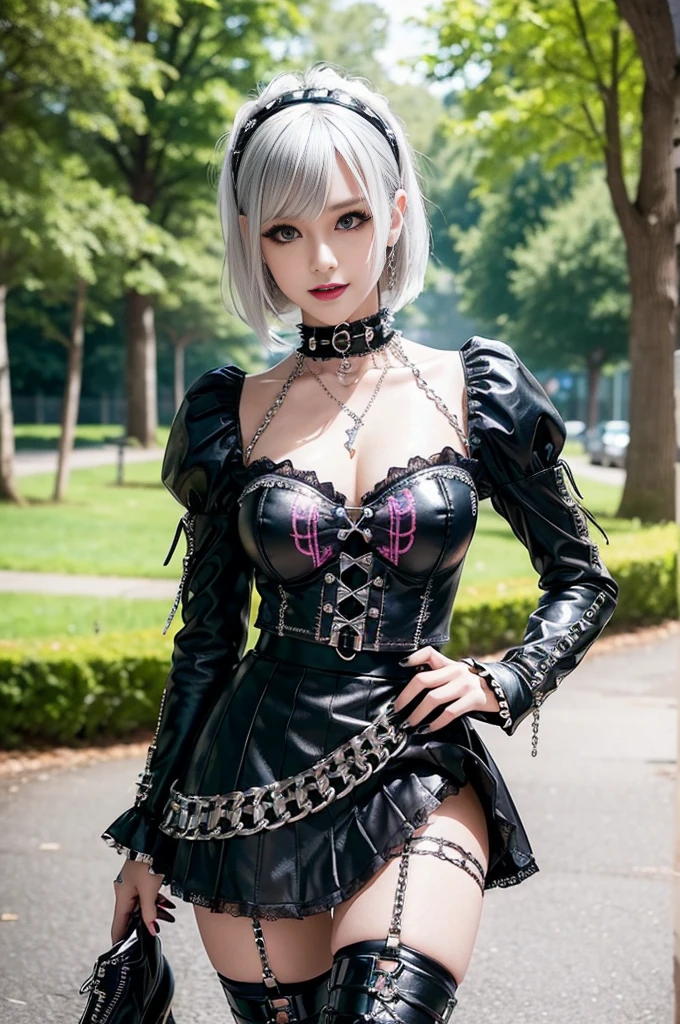 sexy stylish female model, only 1 female, ((doll-like appearance)), very short multicolor stylish hair, ((shiny Punk-Style boots)), (beautiful smile), ultra detailed eyes, Punk makeup, lipgloss, ((sexy Punk ta cosplay)), unconventional skirt, petticoats, high neckline, ((ultra detailed lace)), ((ultra detailed embroidery)), intricate details, tartan patterns, (silver chains), (silver spikes), (safety pins), Punk Loliccessoires, Punk Lolita cr, ((large sparkling Punk Lolita jewel, cinematic light, detailed large park background with trees